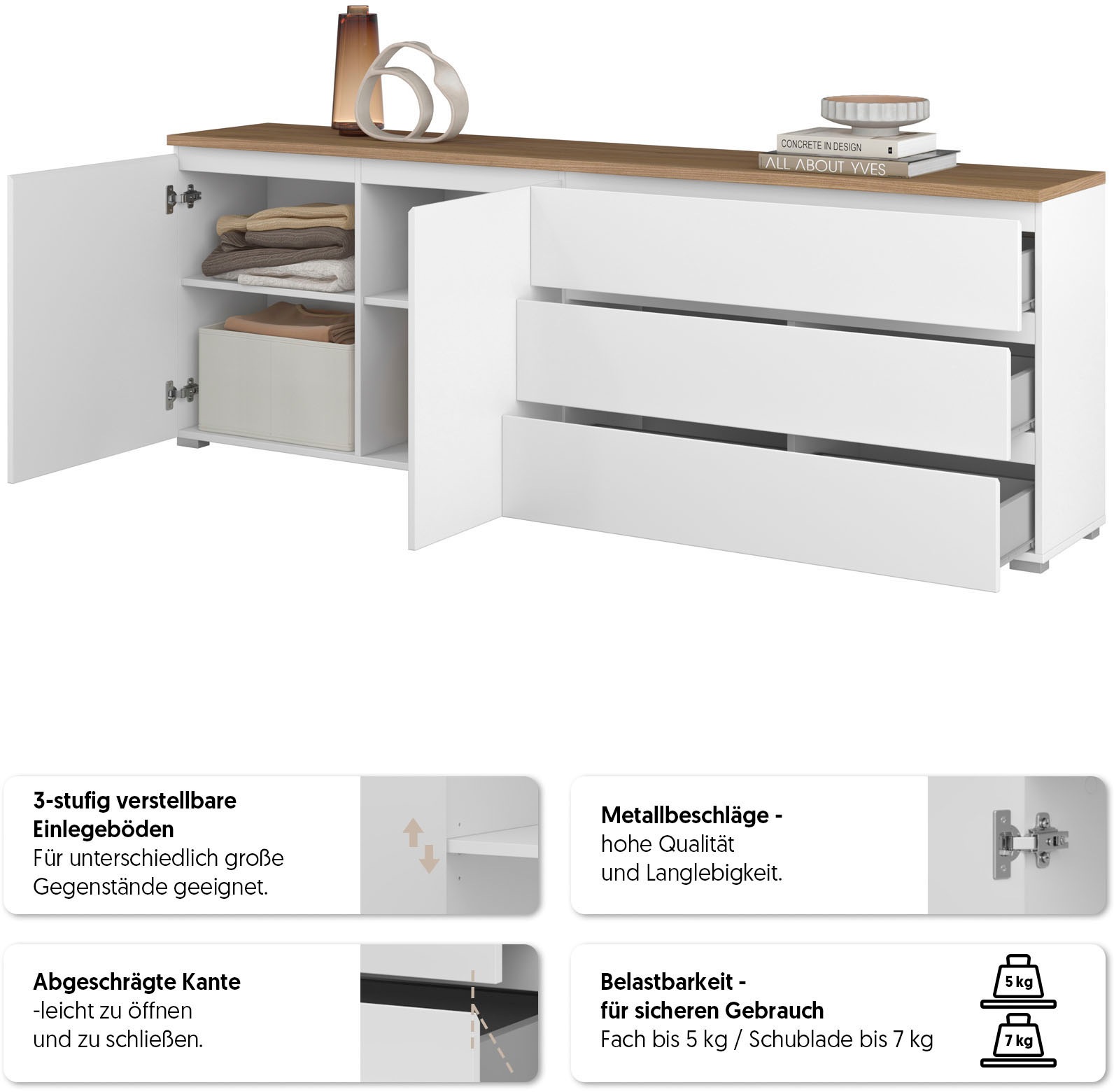 INOSIGN Sideboard »Modo, Breite 200 cm, moderne grifflose Kommode 2Türen/3 SK«, Schubladenkommode mit viel Stauraum, Einlegeböden verstellbar