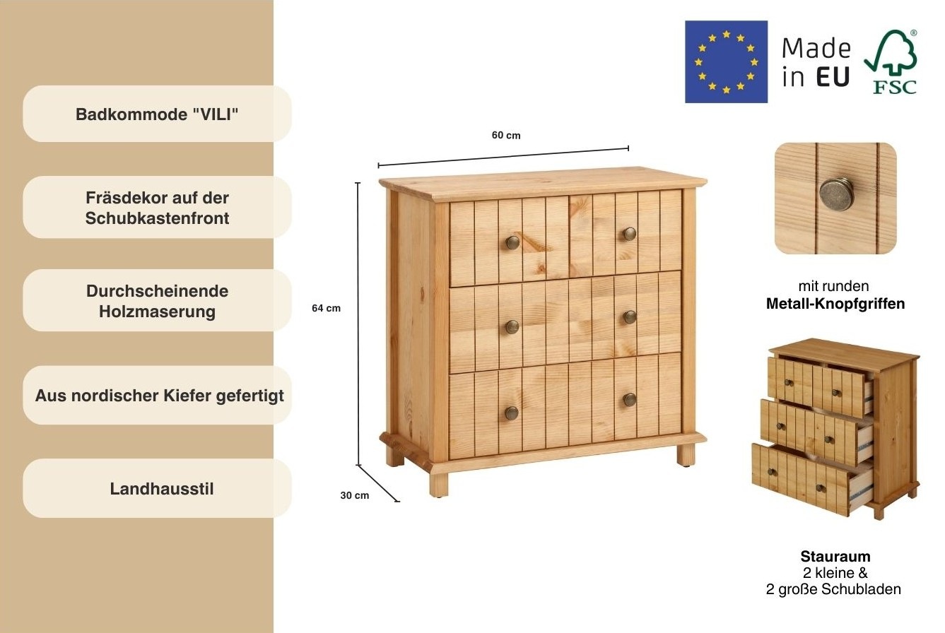 Thumbnail - Home affaire Badkommode "Vili" Badezimmerschrank, Unterschrank, 4 Schubladen, aus Massivholz