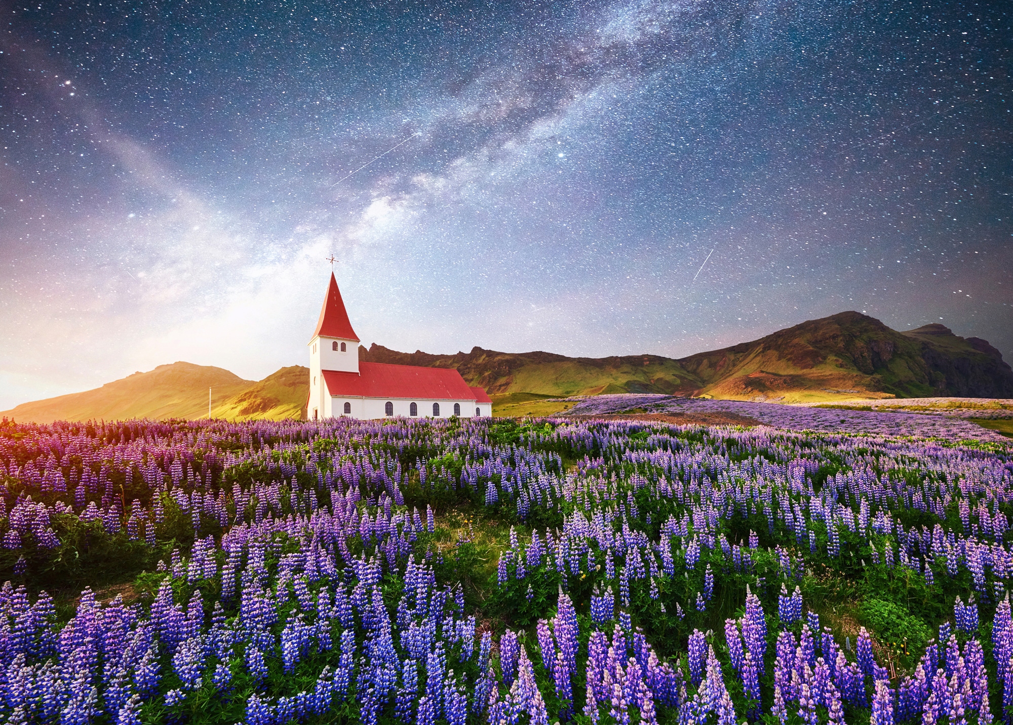 Papermoon Fototapete »BLUMEN-WIESE-FELD ISLAND KIRCHE STERNE HIMMEL BERGE«