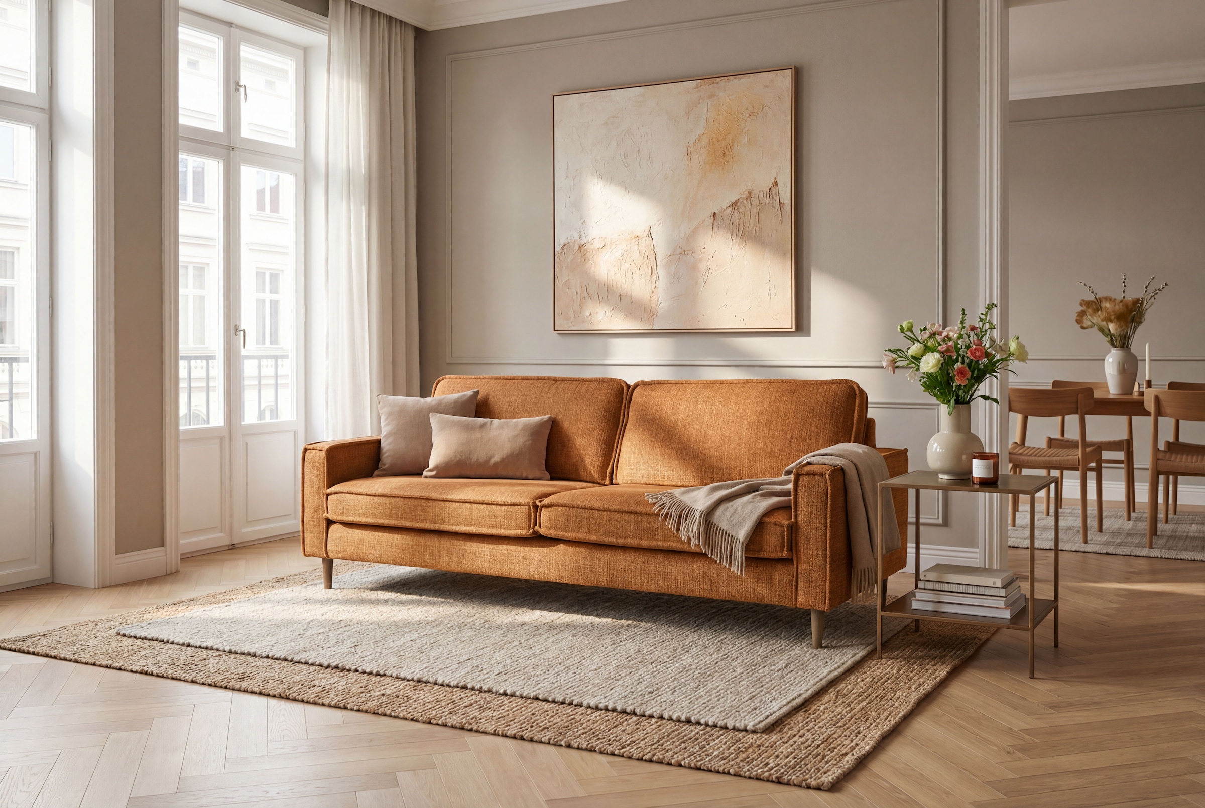 OTTO home 3-Sitzer "Pinto Skandi,Maxi-Ausführung, 236 cm, Chenille, Struktur" mit Keder, Massivholzfüße Eiche geräuchert, Wellenunterfederung
