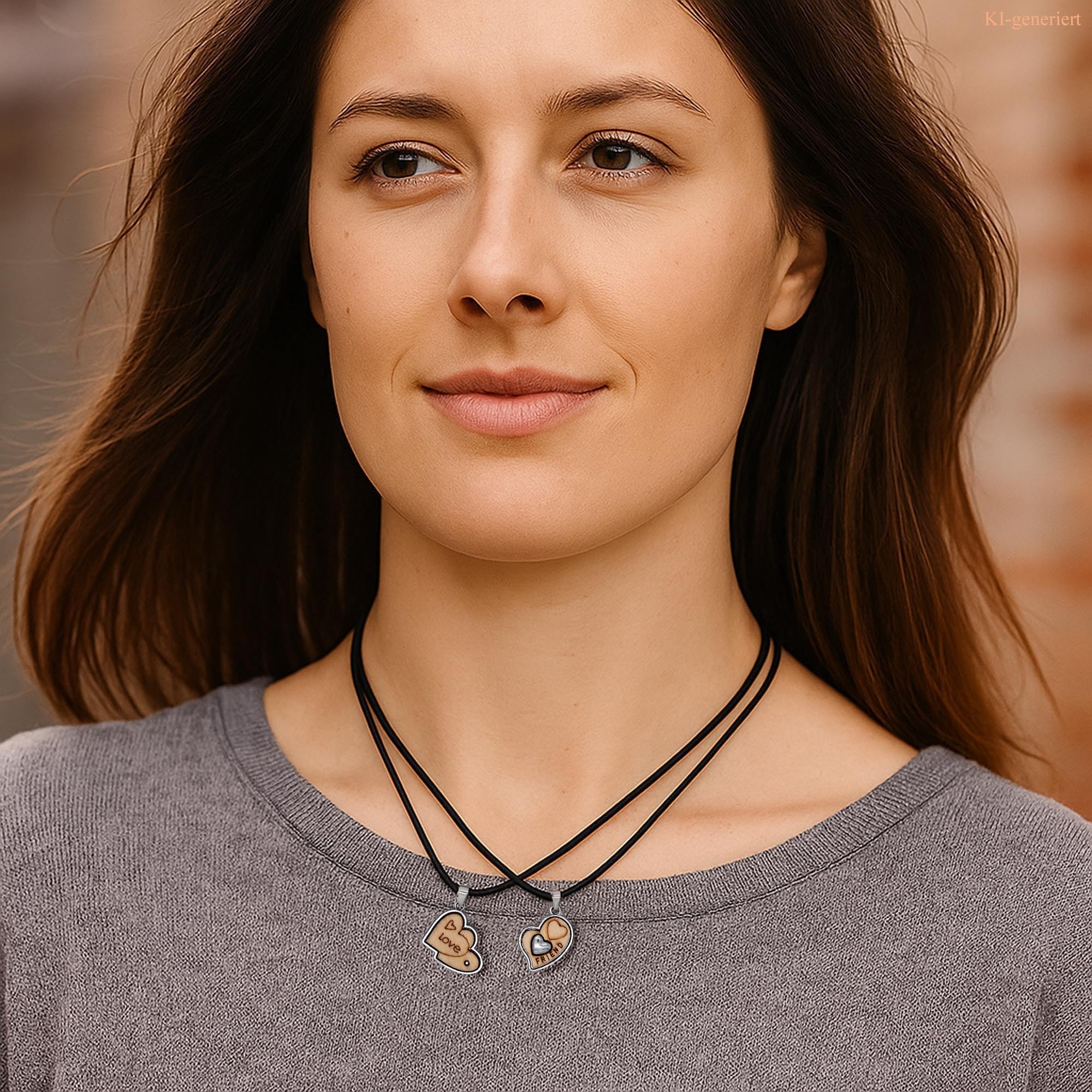 Steuer Kette mit Anhänger »Partner Set Herz Metall Holz Kunstleder schwarz«