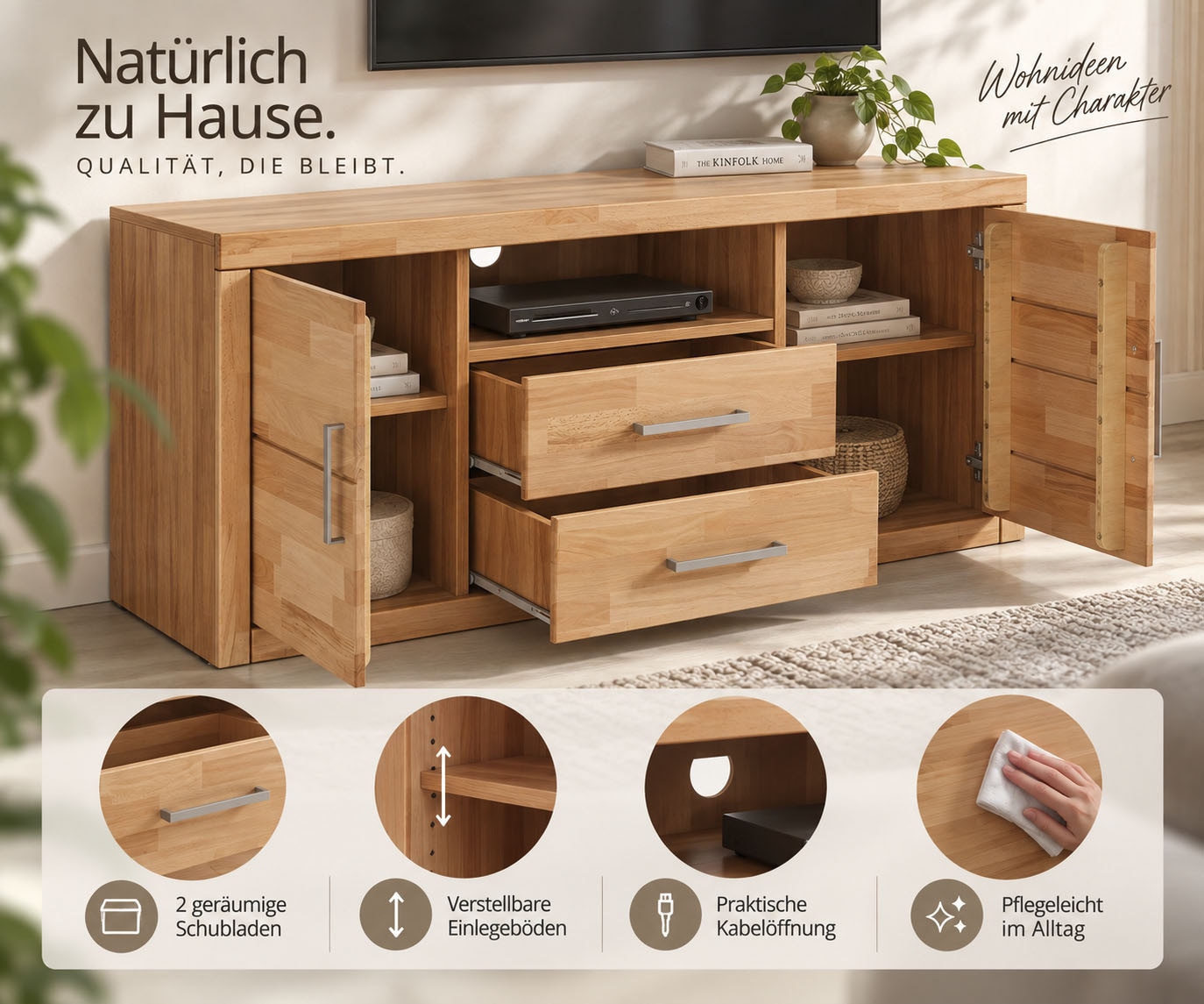 OTTO home Lowboard »Logo,130cm breit, Fronten Massivholz,5 Fächer« Holz massiv, Holzwerkstoff, Metall Griffe,2 Türen,2 Schubladen