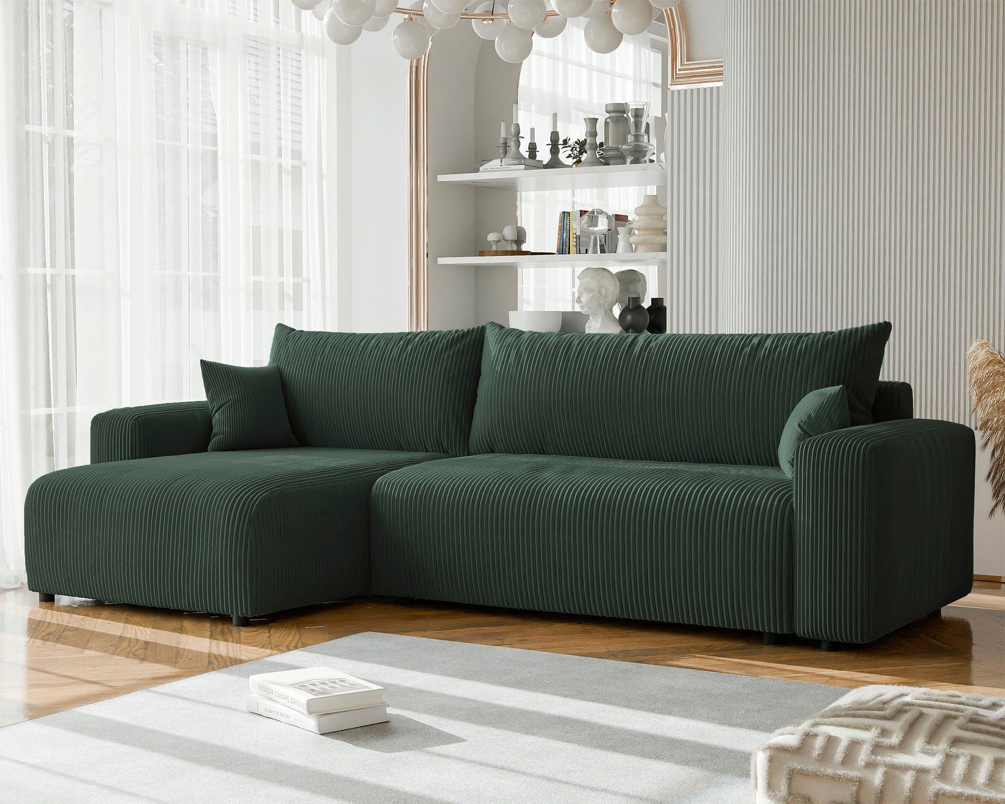 WERK2 Ecksofa »Piano XL Cord Sofa L-Form, Schlaffunktion & Bettkasten, 278 cm breit« Ottomane beidseitig montierbar, lose Rückenkissen & 2 Zierkissen