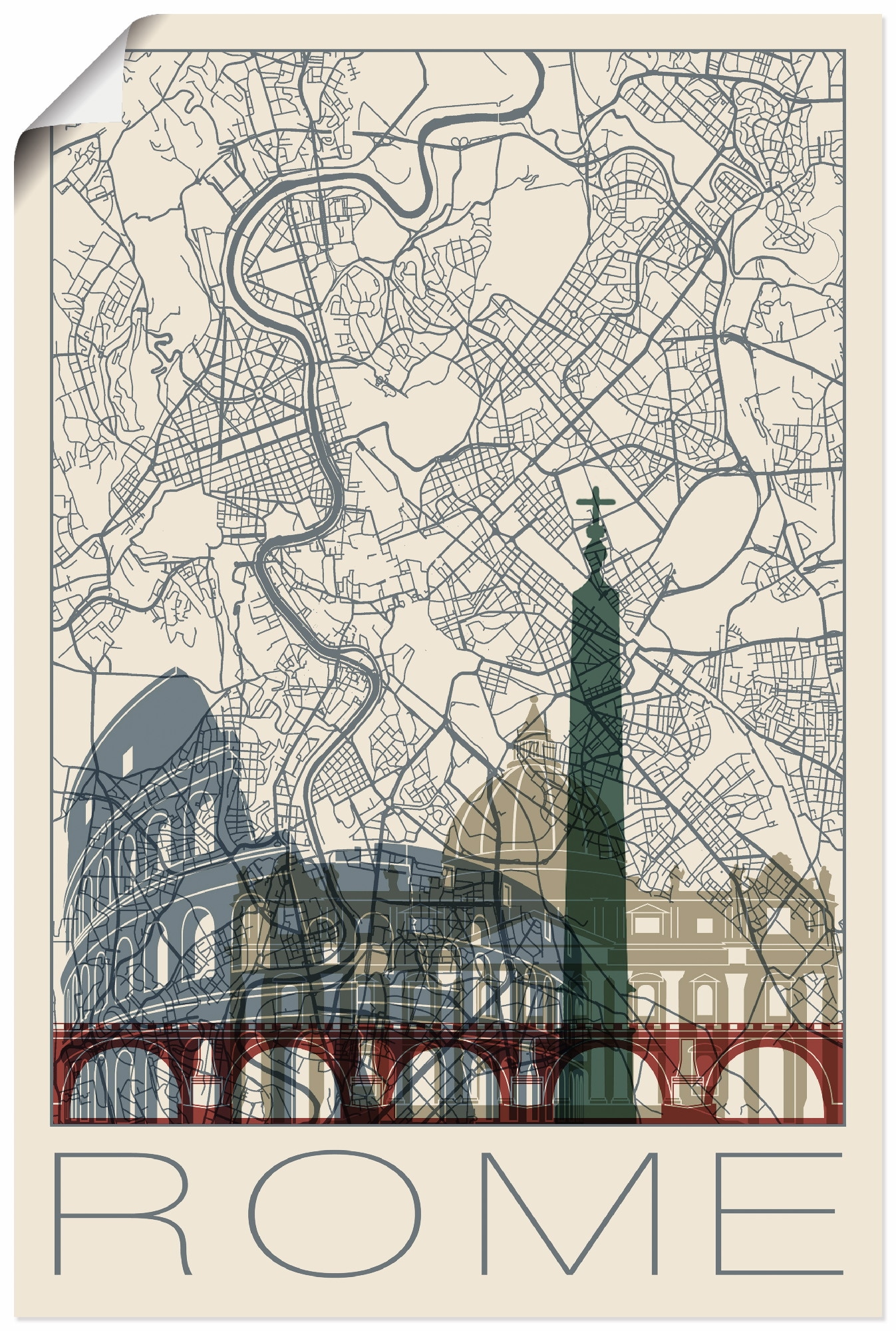 Artland Poster »Retro Karte Rom Italien und Skyline«, Italien, (1 St.), als Alubild, Leinwandbild, Wandaufkleber oder Poster in versch. Größen