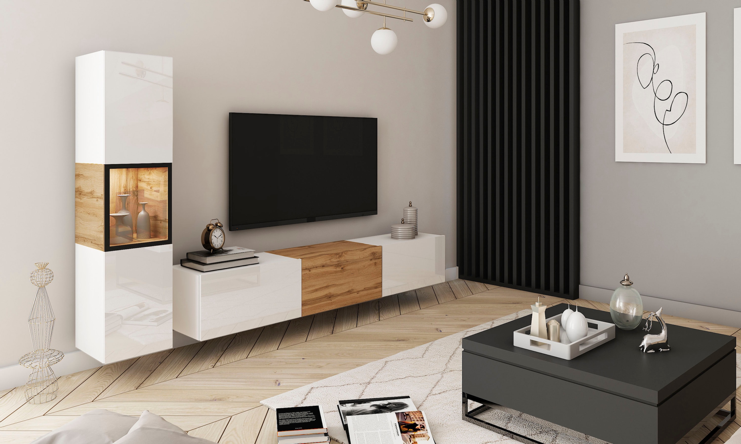 INOSIGN Wohnwand »BERLIN I, Vitrine Türschlag links/rechts wechselbar«, (Komplett-Set, 2 St.), moderne grifflose Mediawand Breite 220 cm, Vitrine mit Verglasung