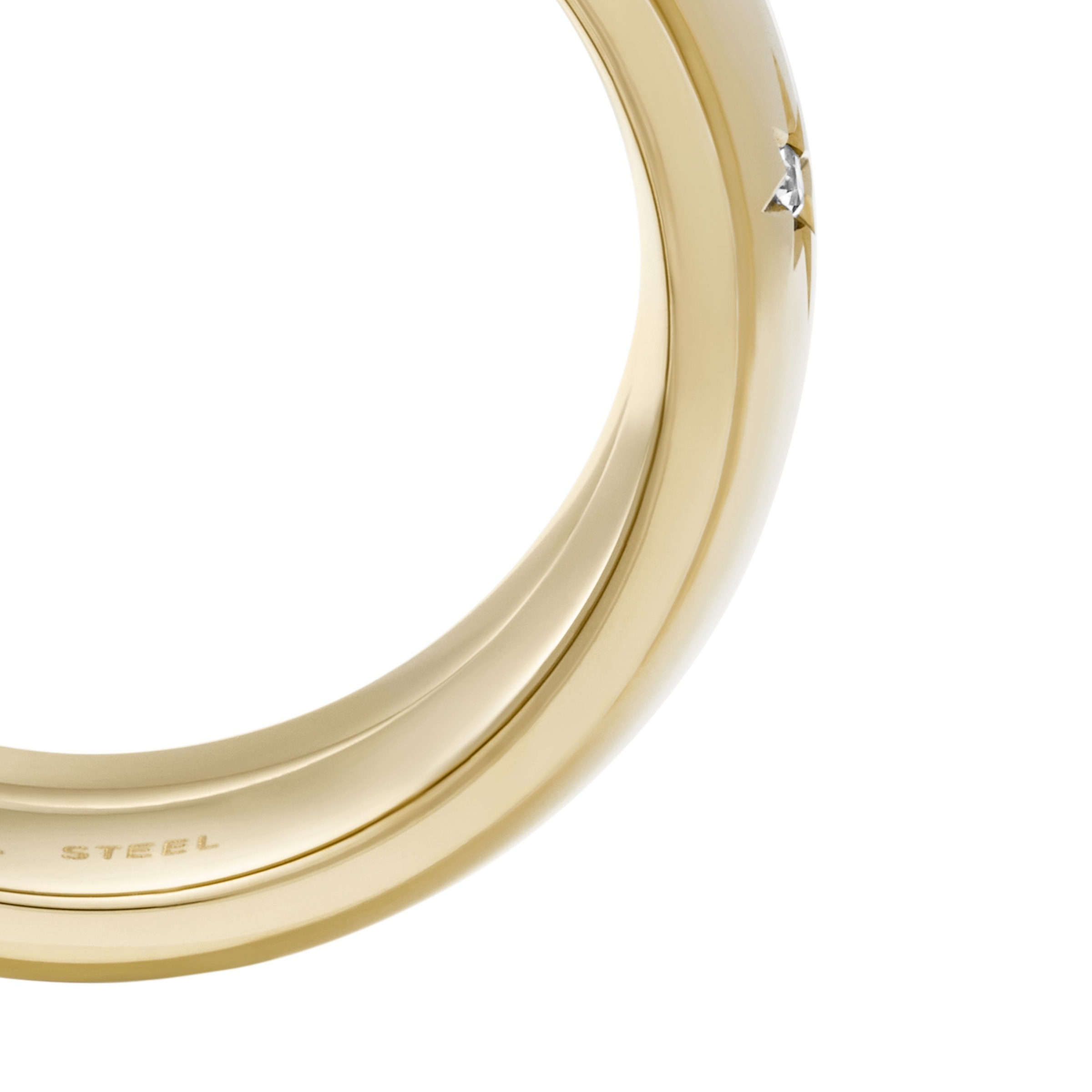 Fingerring FOSSIL "Schmuck Geschenk Edelstahl Ring SADIE" Gr. 17,5, gold (gelbgoldfarben, kristallweiß), Fingerringe, Damen, 17,5, Edelstahl, 10mm, Fingerring, mit Glasstein 4