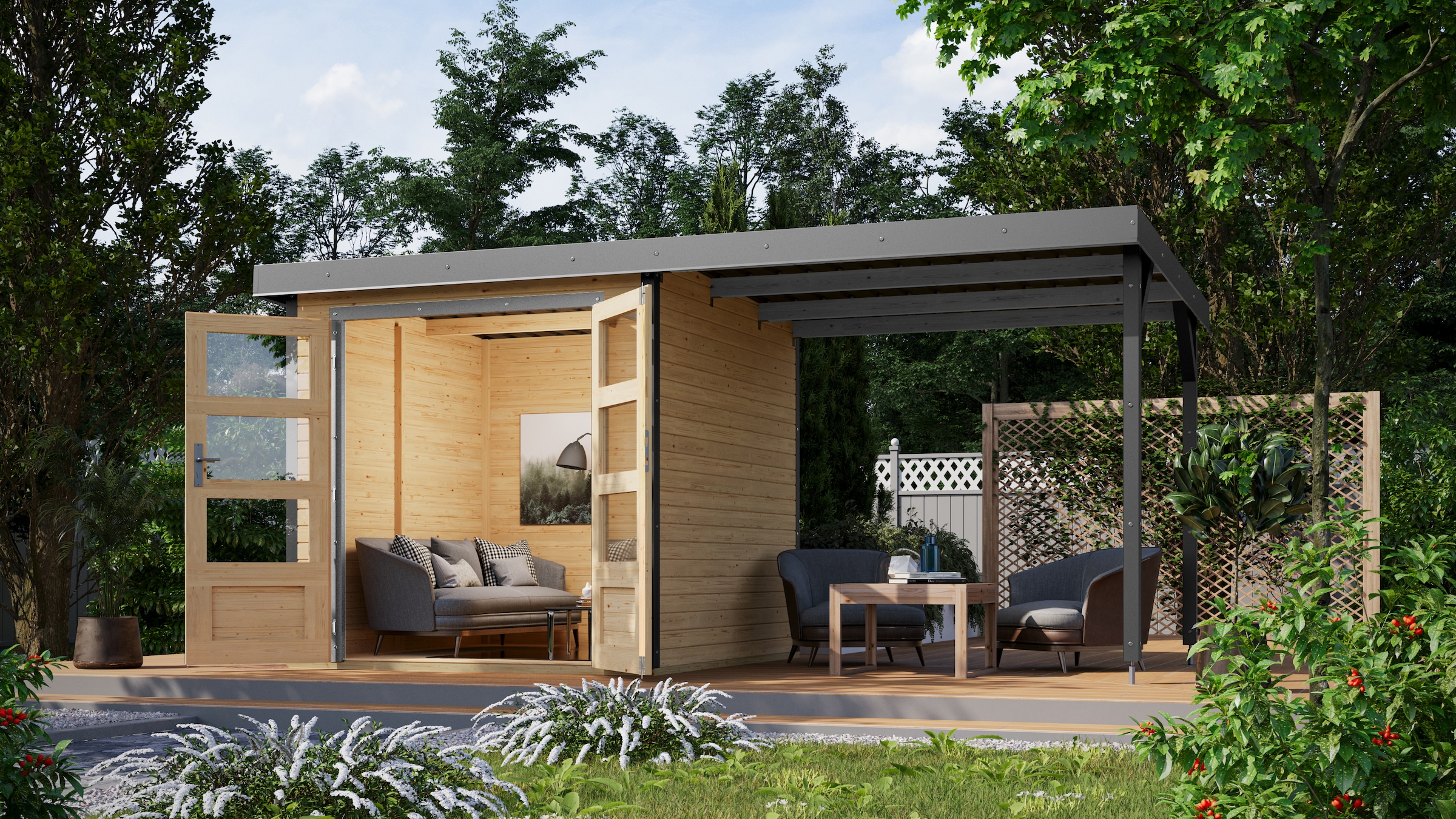 Karibu Gartenhaus "Jupiterino 2 SET, in verschiedenen Farben" inkl. Anbaudach, Made in Germany