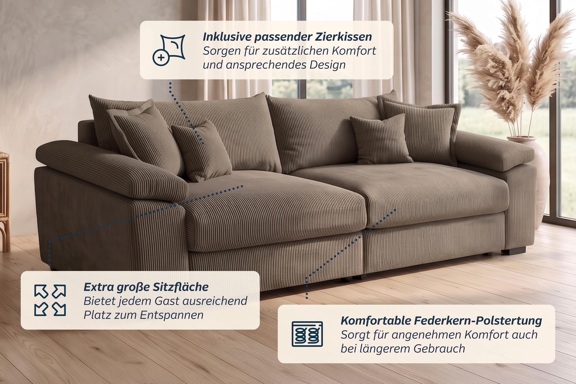 OTTO home Big-Sofa »Soft&Cosy XL, B: 246 cm - OTTO. Verlässliche Qualität.« Mega-Sofa, Cord oder Chenille-Struktur, mit Federkern & 4 Zierkissen
