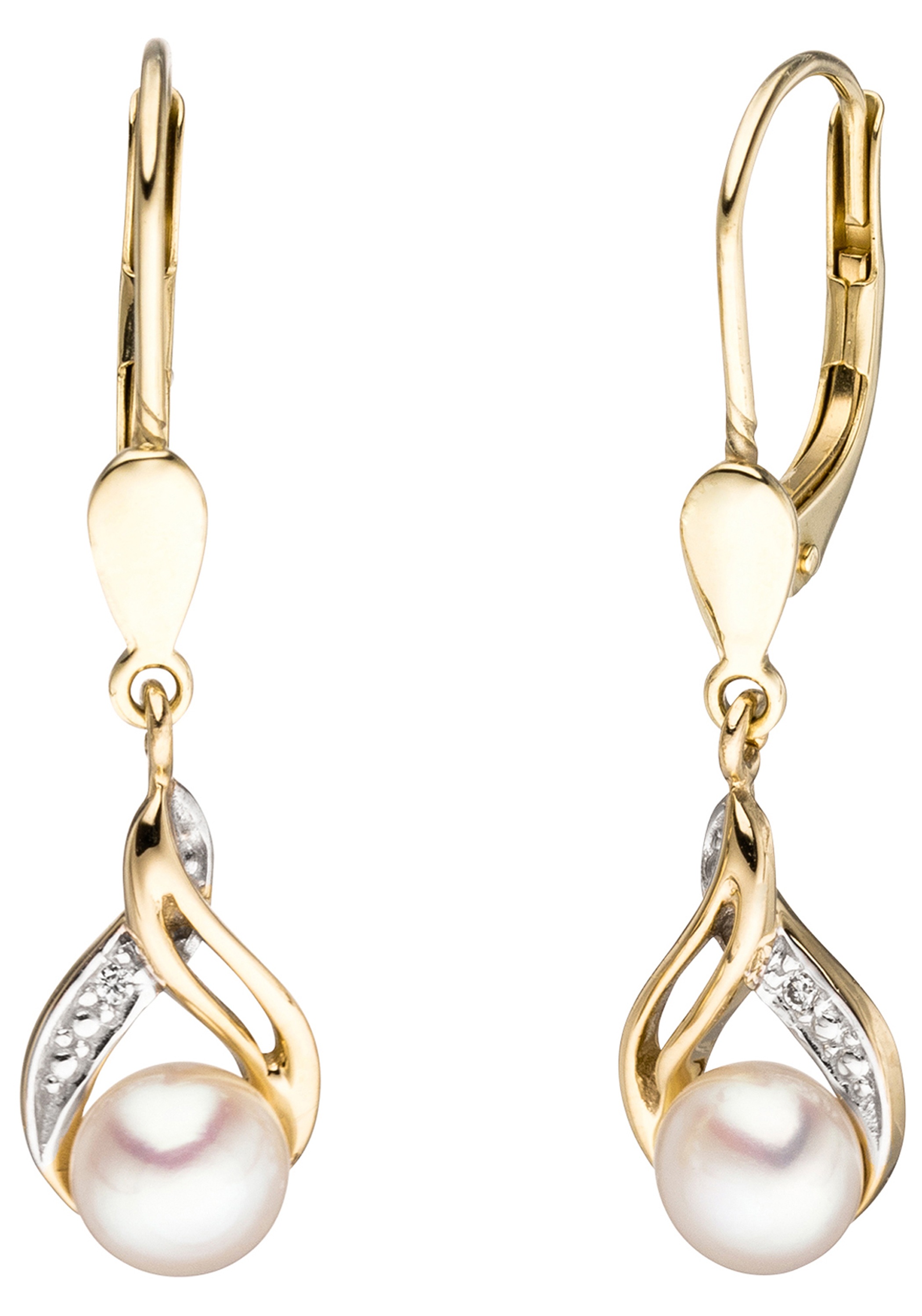 Perlenohrringe JOBO, gelb (gelbgold 585), Ohrringe, Damen, P1 = bei 10-facher Vergrößerung erkennbare Einschlüsse, Diamanten Gelbgold 585 Perlen, Diamanten, Gelbgold 585, Perlen, 585 Gold mit 2 Diamanten und Süßwasser-Zuchtperlen