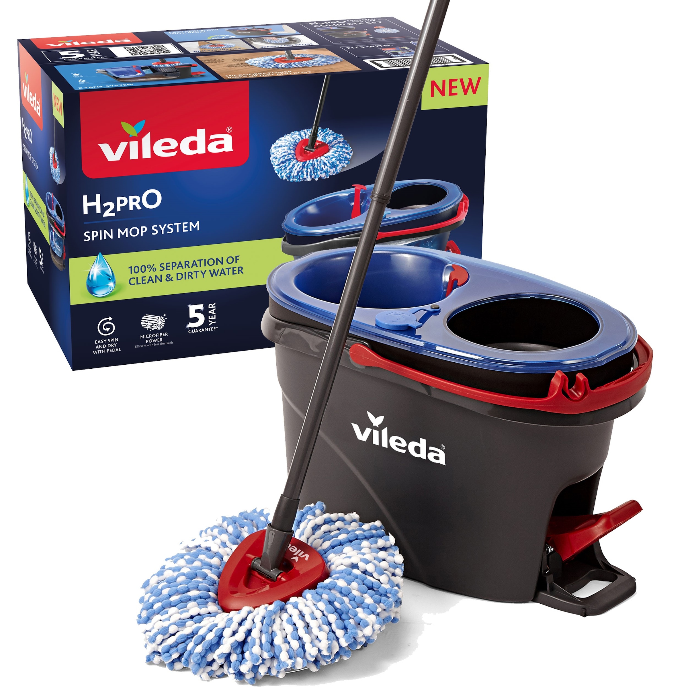 VILEDA Bodenwischer-Set "Vileda H2PrO Spin Mop System", B:49,5cm H:32cm L:30cmschwarz, Reinigungs-Sets, Sauberes Wasser bei jedem Ausspülen