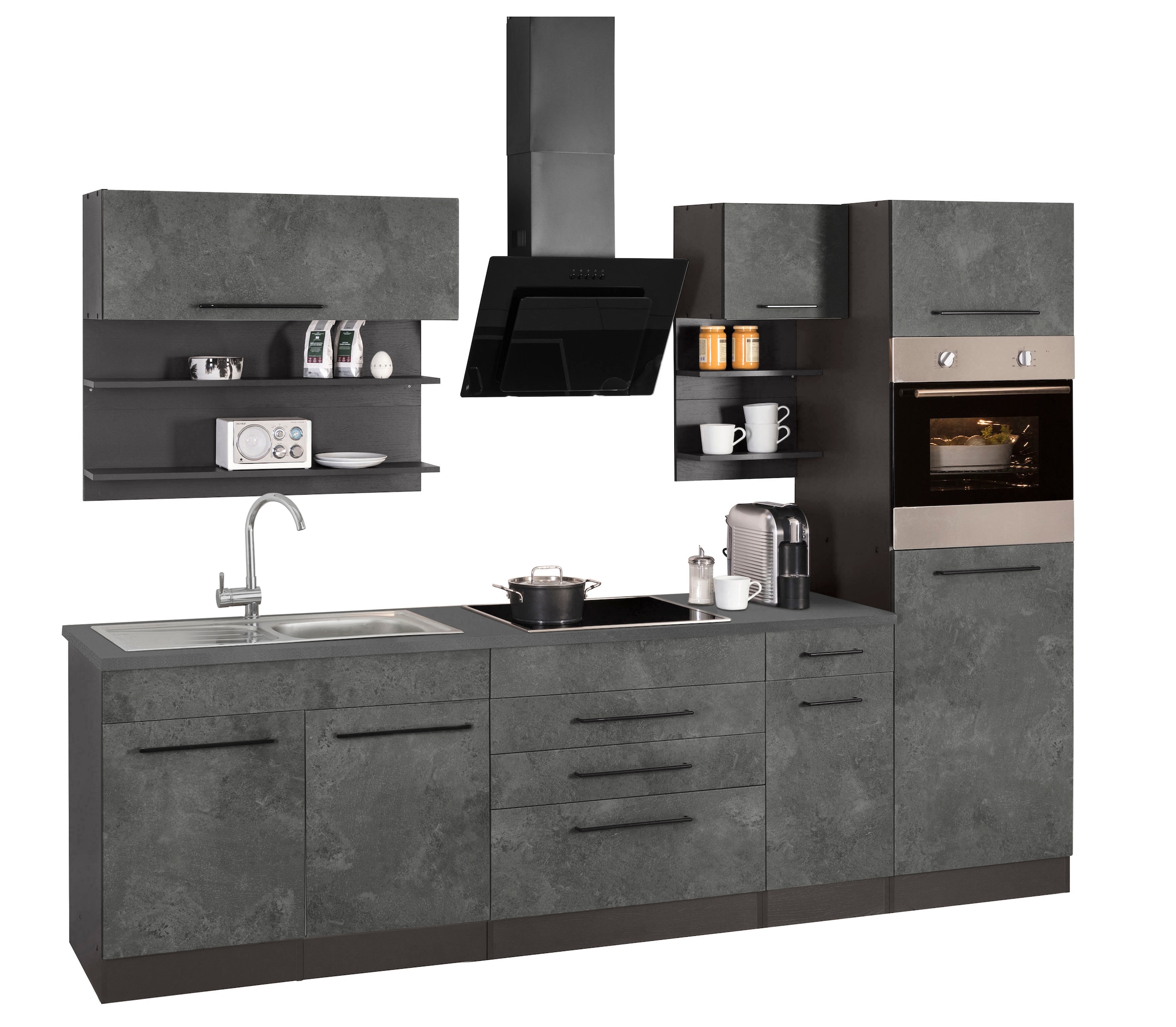 KOCHSTATION Küchenzeile »KS-Tulsa«, ohne E-Geräte, Breite 290 cm, schwarze Metallgriffe, MDF Fronten