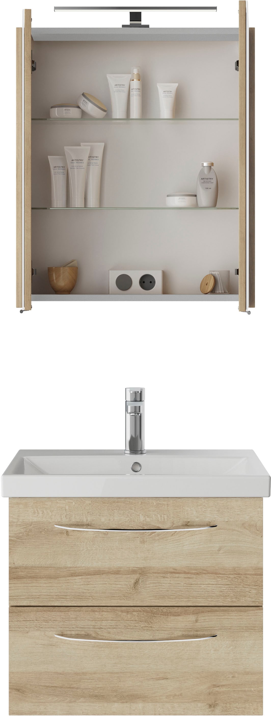 Saphir Badmöbel-Set »Serie 4035 2-teilig, Keramikwaschtisch mit LED-Spiegelschrank«, (Set), 60 cm breit, inkl. Türdämpfer, 2 Schubladen, 2 Türen, 2 Einlegeböden