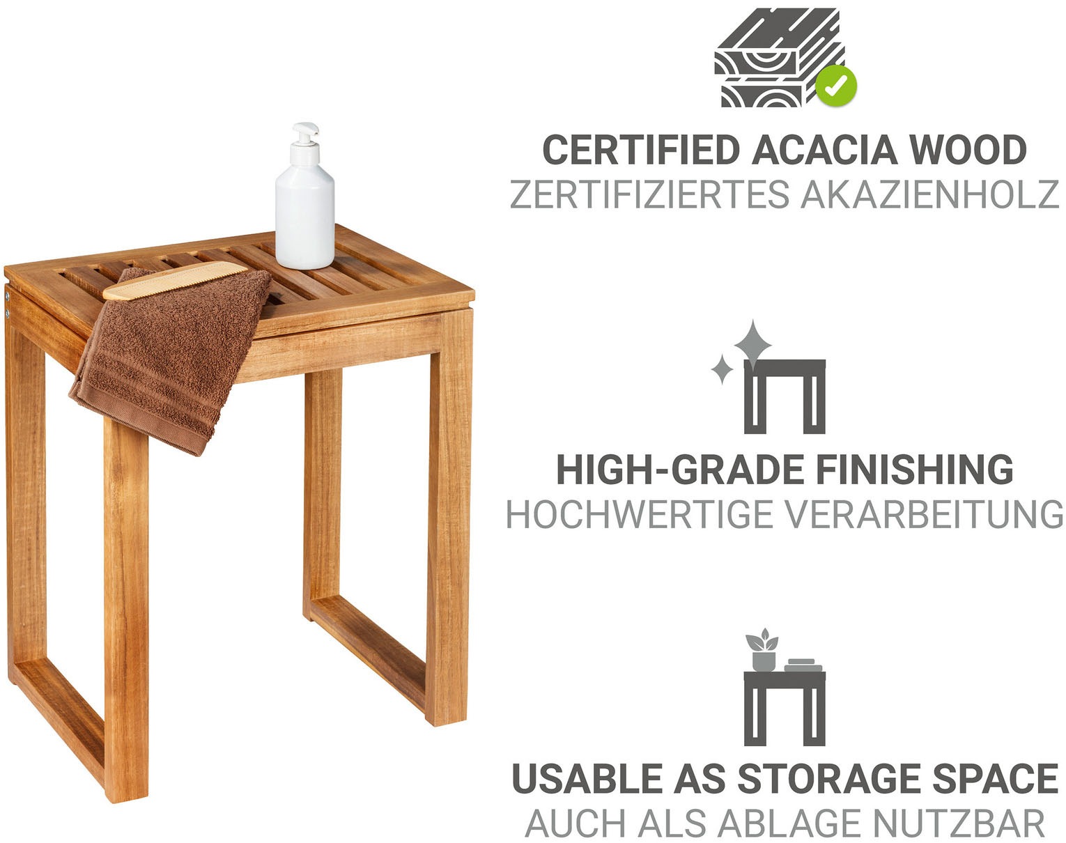 Thumbnail - WENKO Badhocker "Fondi" fürs Badezimmer aus Akazienholz, auch als Ablage nutzbar