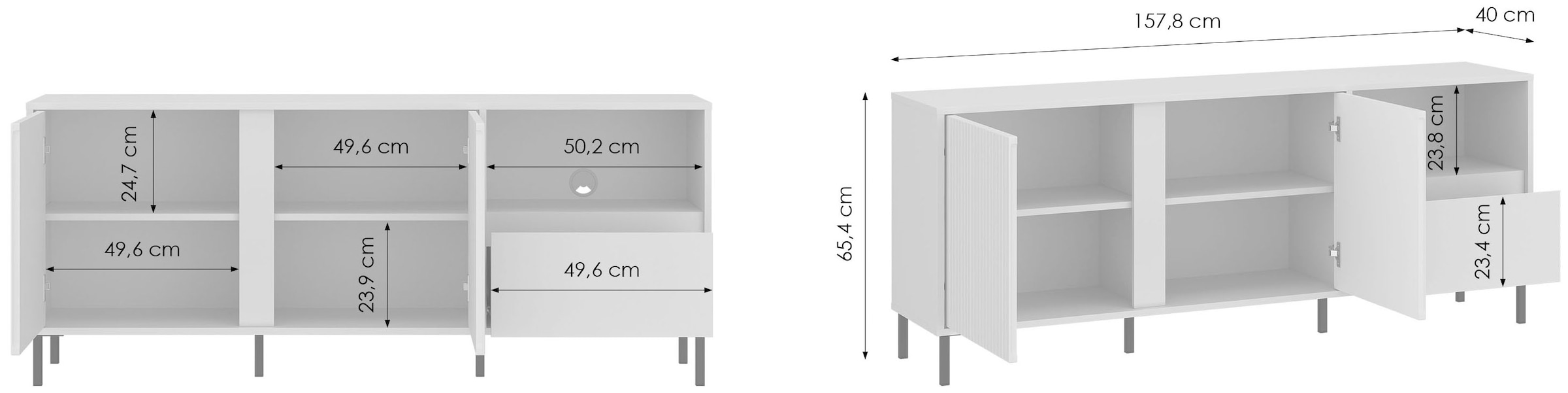 Home affaire Lowboard »viel Stauraum, Soft Close, 2 Türen und 1 Schubkasten« mit Metallfüßen, Breite 158 cm, grifflos, Fronten geriffelt