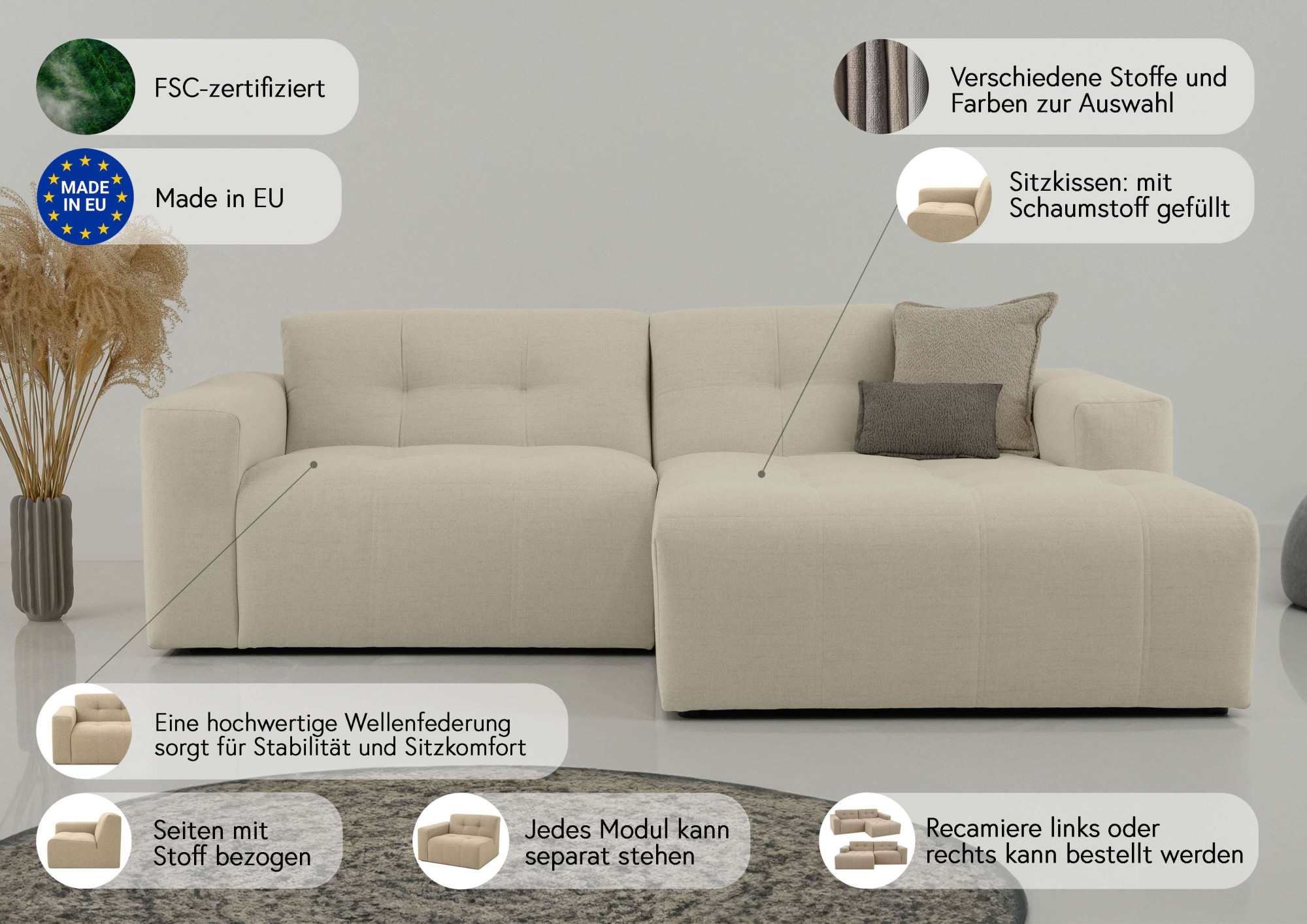 Thumbnail - OTTO home Ecksofa "Tapley" Breite 221 cm,Boucle, Struktur fein, mit Knopfsteppung, bodentief
