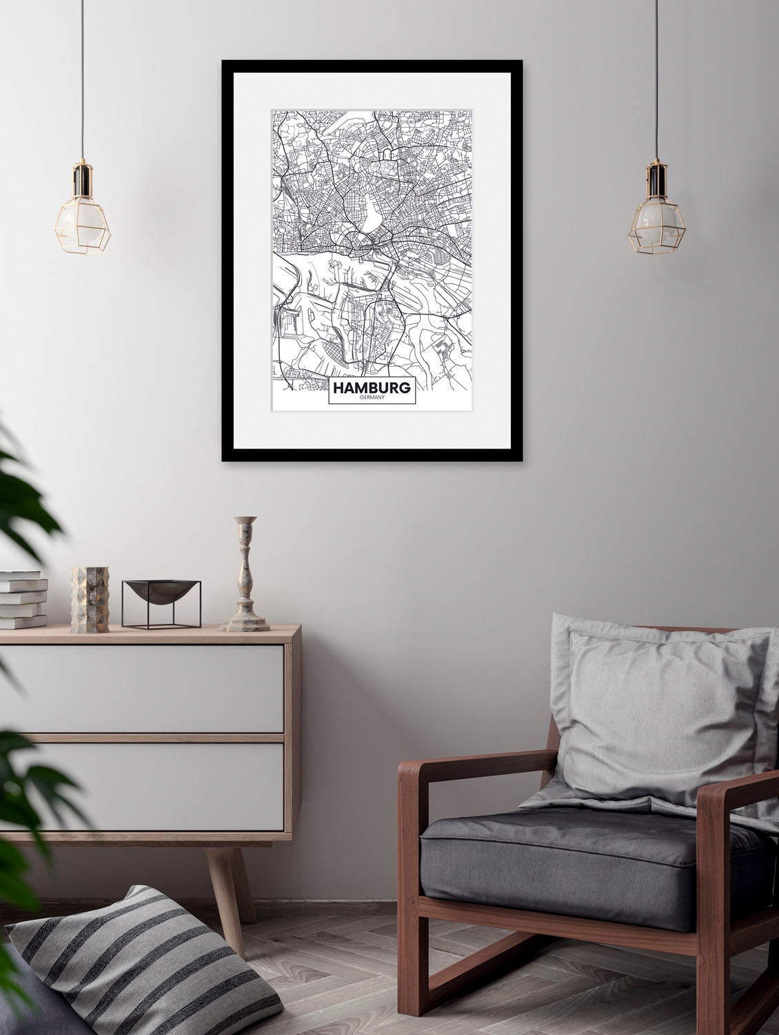 queence Bild »Hamburg Stadtkarte«, Städte-Stadt-Deutschland-Gebäude-Schriftzug-Hamburg, (1 St.), HD Premium Poster-Druck inkl. Holzrahmen