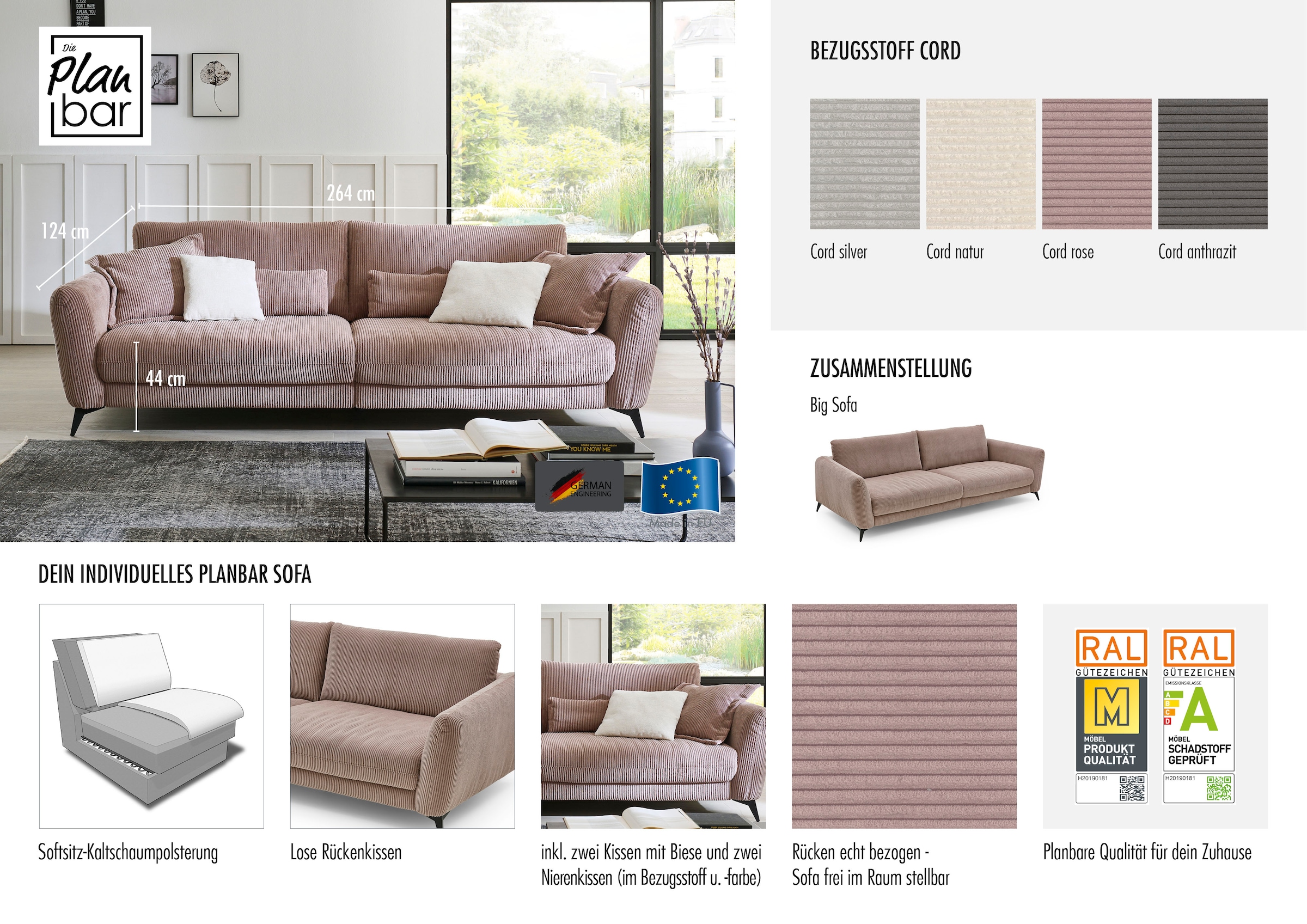 Die PlanBar Big-Sofa »MP-IN23149«, Kaltschaumpolsterung mit SoftSitz, Lose Rückenkissen