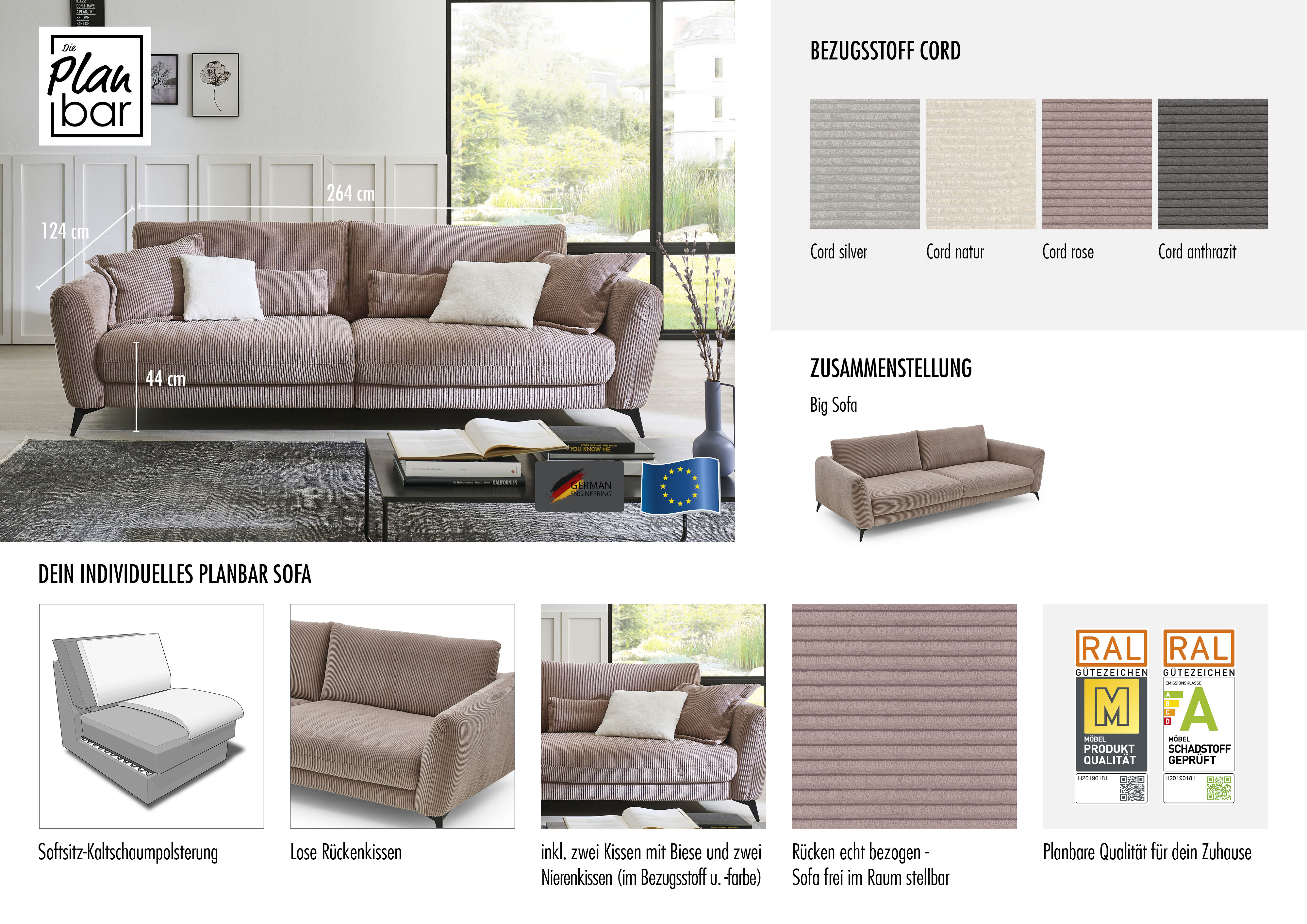 Thumbnail - Die PlanBar Big-Sofa "MP-IN23149", Kaltschaumpolsterung mit SoftSitz, Lose Rückenkissen