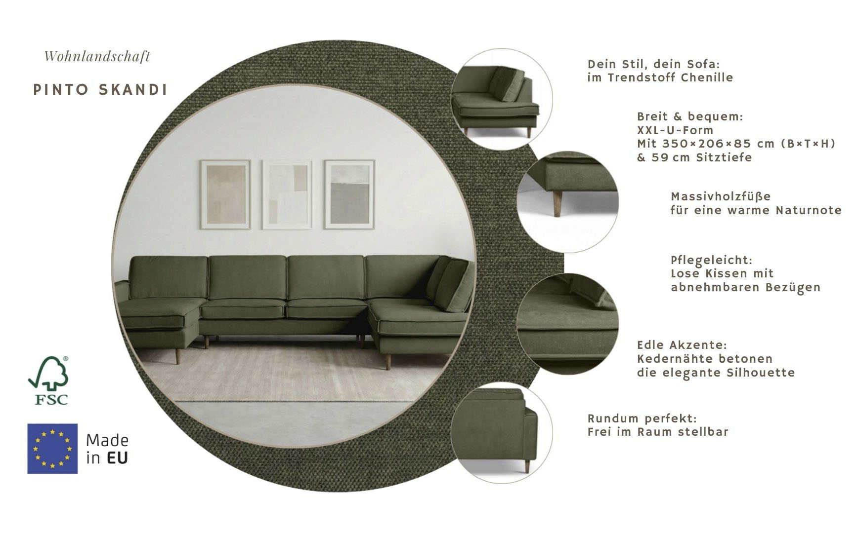 Thumbnail - Home affaire Wohnlandschaft "Pinto Skandi, 350 cm, U-Form, XXL, mit Ottomanen" mit Keder, Massivholzfüße Eiche geräucher...