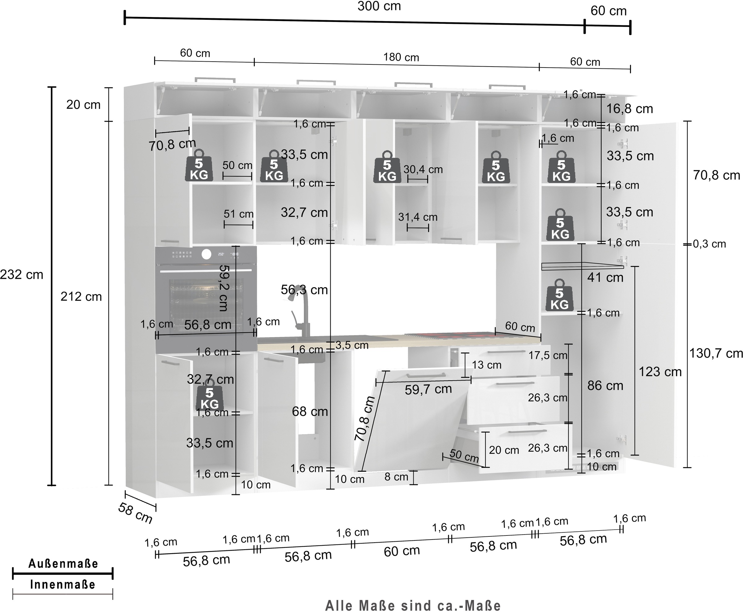 KOCHSTATION Küchenzeile »Luna, Einbauküche, Zeilenküche, mit Soft-Close Funktion, Made in Italy« Breite 300 cm ohne E-Geräte, mit Spüle+Siphon und Aufsatz