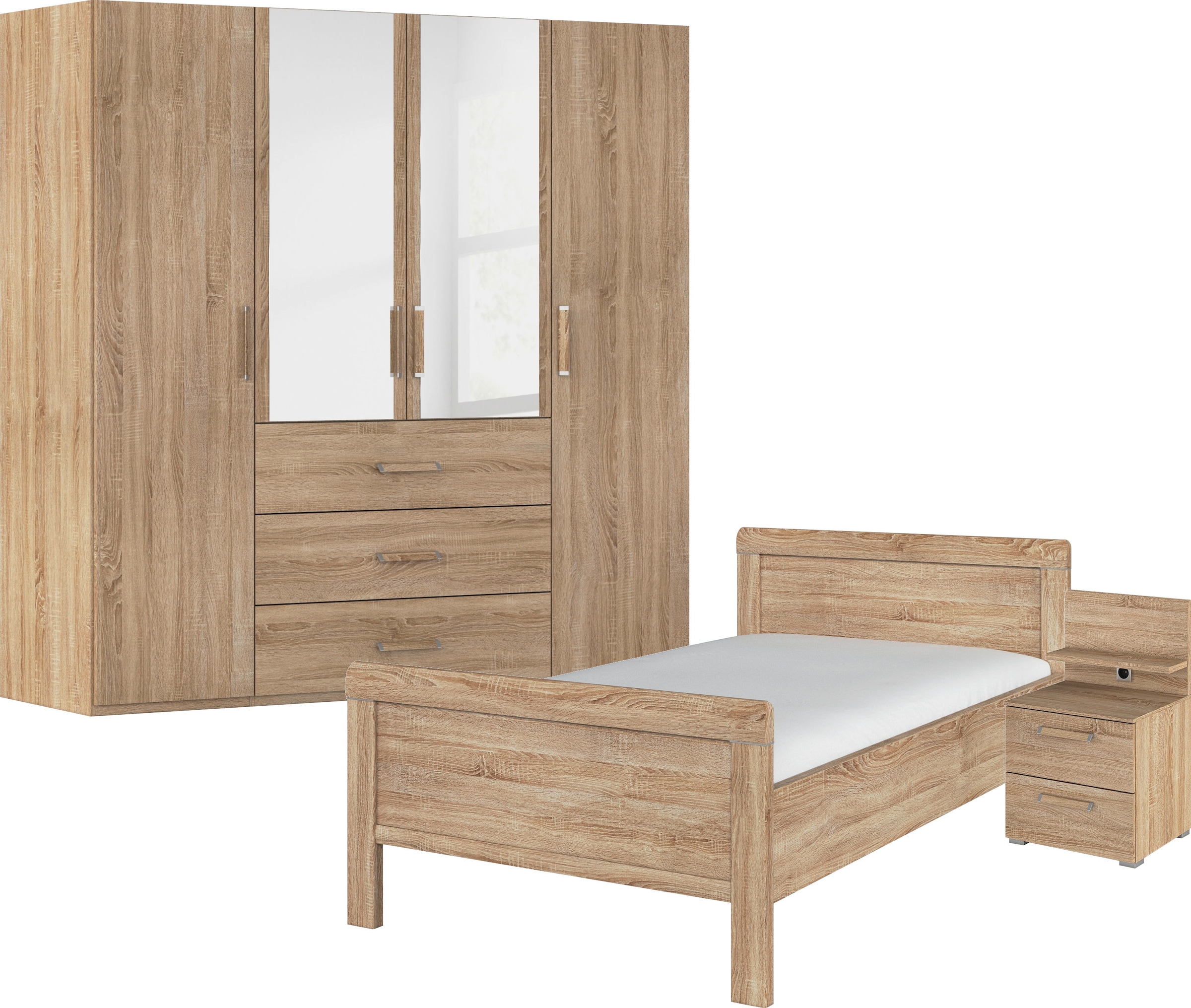 rauch "Komplettschlafzimmer Schlafzimmer EVELYN" Set, inkl. SOFT-CLOSE-FUNKTION, 3 Stk. tlg. Schrank und Bett in 2 Breiten, Nachttisch mit Paneel MADE IN GERMANY