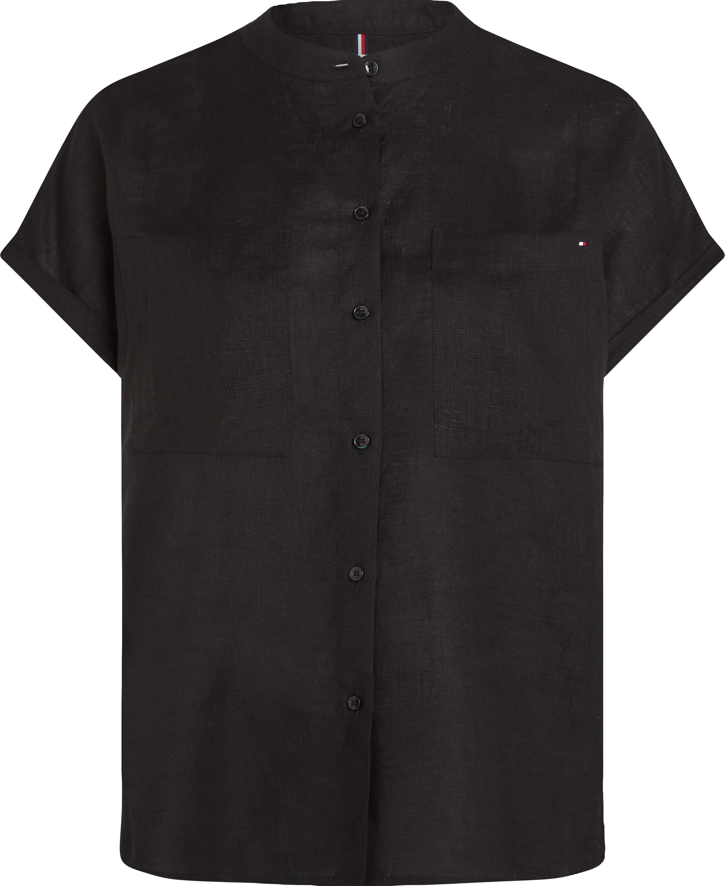Tommy Hilfiger Kurzarmbluse »ESS LINEN COLLARLESS S/S BLOUSE«, mit Logostickerei,kühlendes Premium Leinen