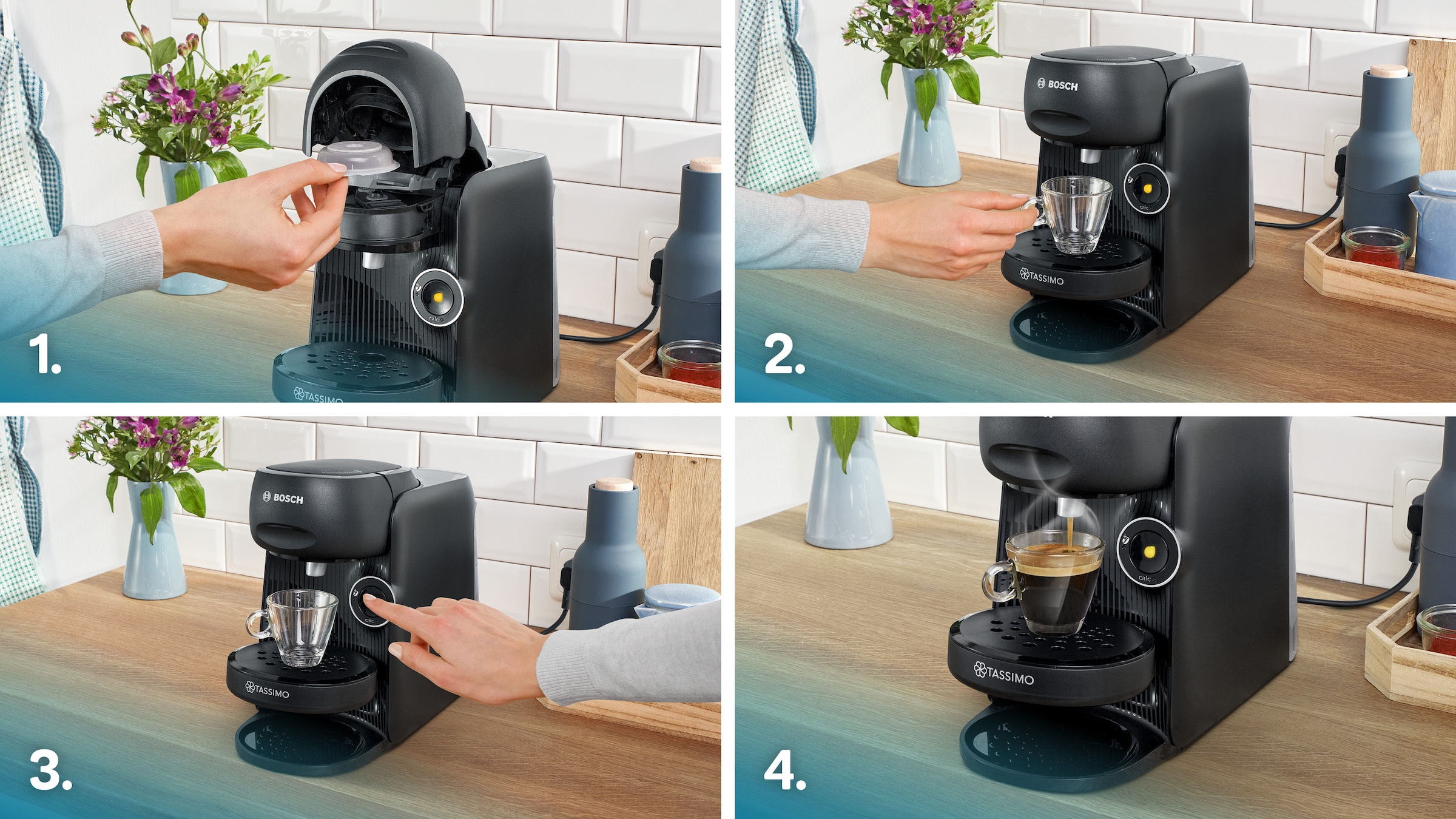 TASSIMO Kapselmaschine »finesse friendly TAS162E, intensiverer Kaffee auf Kopfdruck«, aus Recyclingmaterial, mehr Intensität per Knopfdruck, schwarz