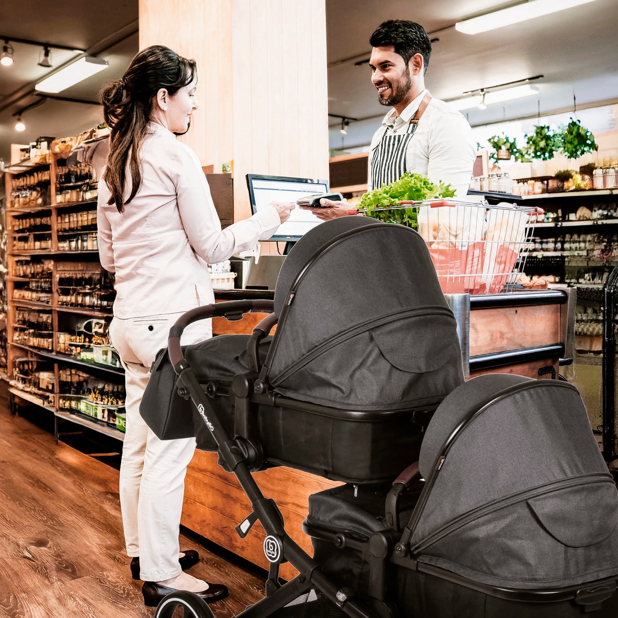 BabyGo Zwillings-Kombikinderwagen »Twinner Set, Grey melange«, 30 kg, inkl. 2 Regenhauben, Wickeltasche