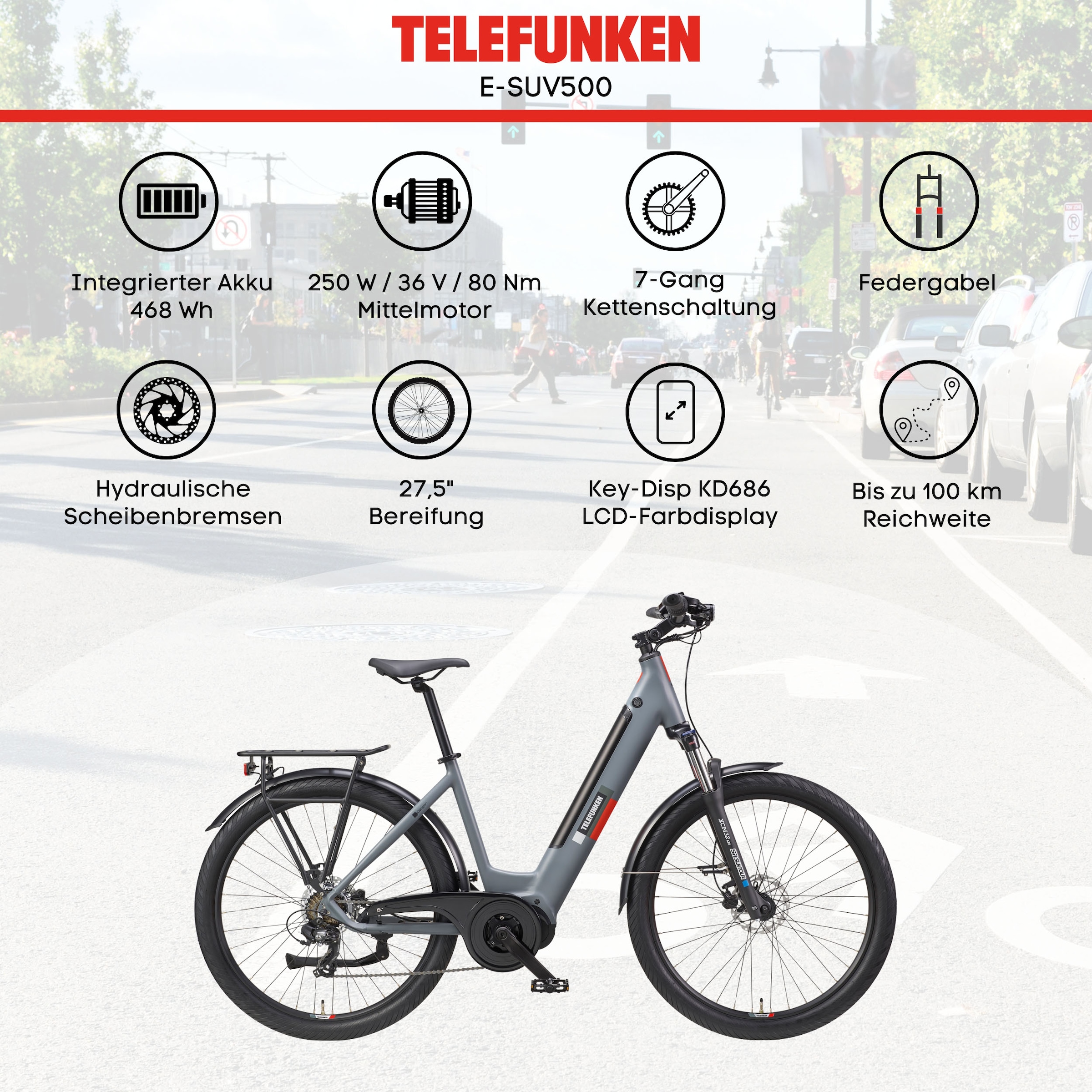 Telefunken E-Bike »SUV500«, 7 Gang, Shimano, Mittelmotor 250 W, (27,5 Zoll, Straßenzulassung, Scheibenbremsen), Pedelec, Elektrofahrrad für Damen u. Herren