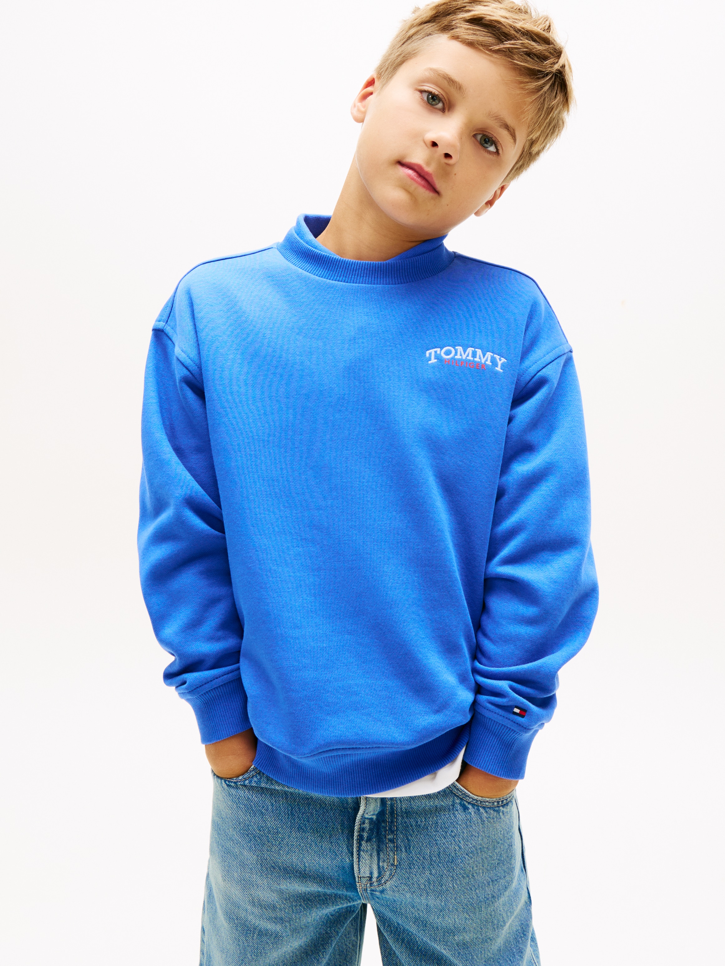 Sweatshirt TOMMY HILFIGER "MONOTYPE GRAPHIC SWEATSHIRT", Jungen, Gr. 7 (122), empire blau, Sweatware, Obermaterial: 80% Baumwolle, 20% Polyester, unifarben, regular fit normal, Rundhals, eingesetzt Bündchen, Sweatshirts Sweatshirt, Kinder bis 16 Jahre, Dr