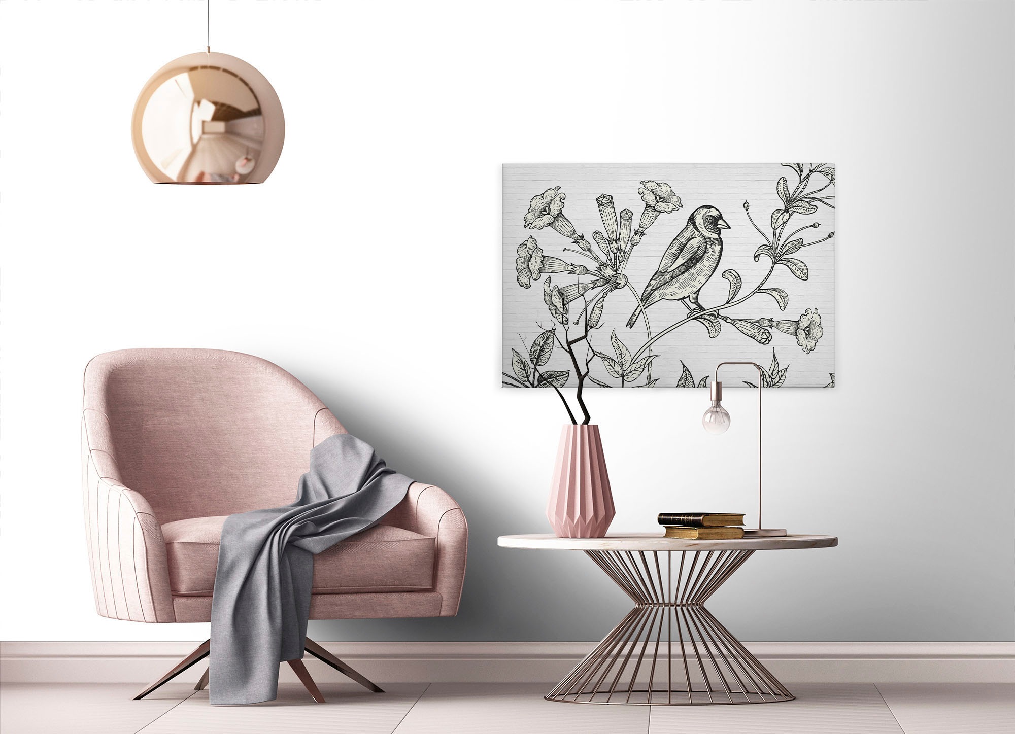A.S. Création Leinwandbild »birdy«, Kunst-Gemälde-Kinder, (1 St.), Schwarz-Weiß Zeichnung Floral Keilrahmen Leinwand-Bild Wohnzimmer Wand