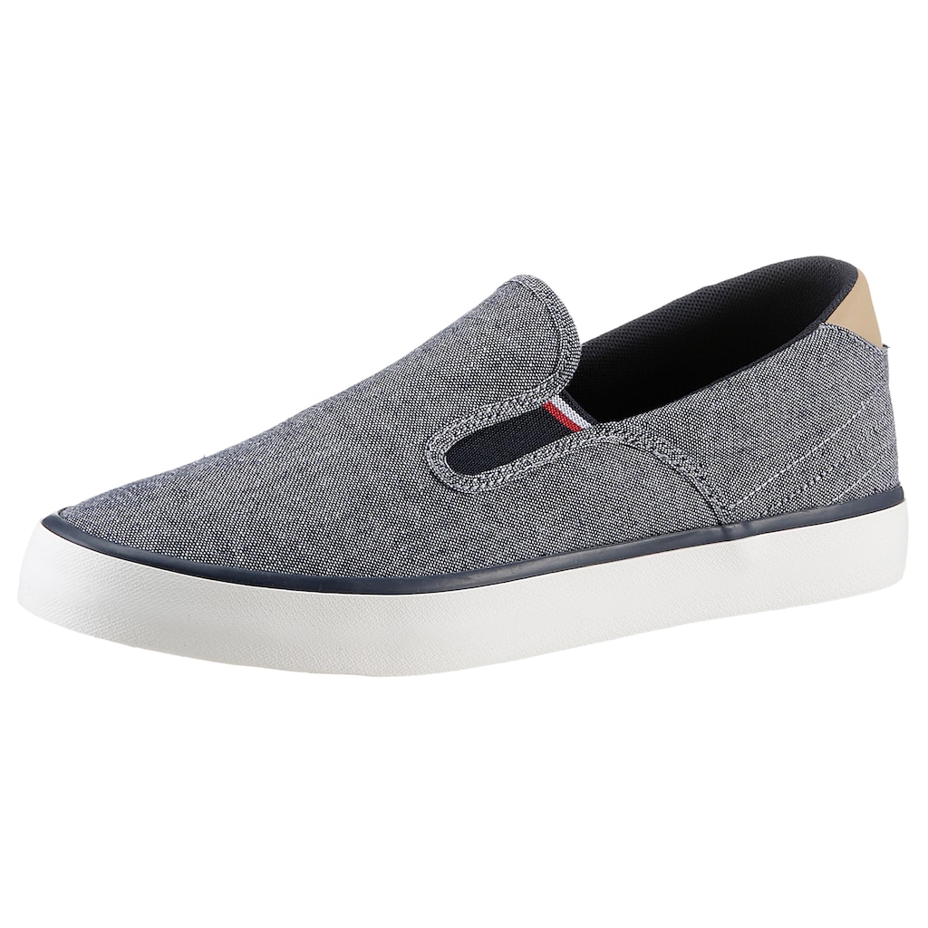 Tommy Hilfiger Slipper »TH HI VULC LOW SLIPON CHAMBRAY«, Slip-On Sneaker, Freizeitschuh mit praktischen Stretcheinsätzen