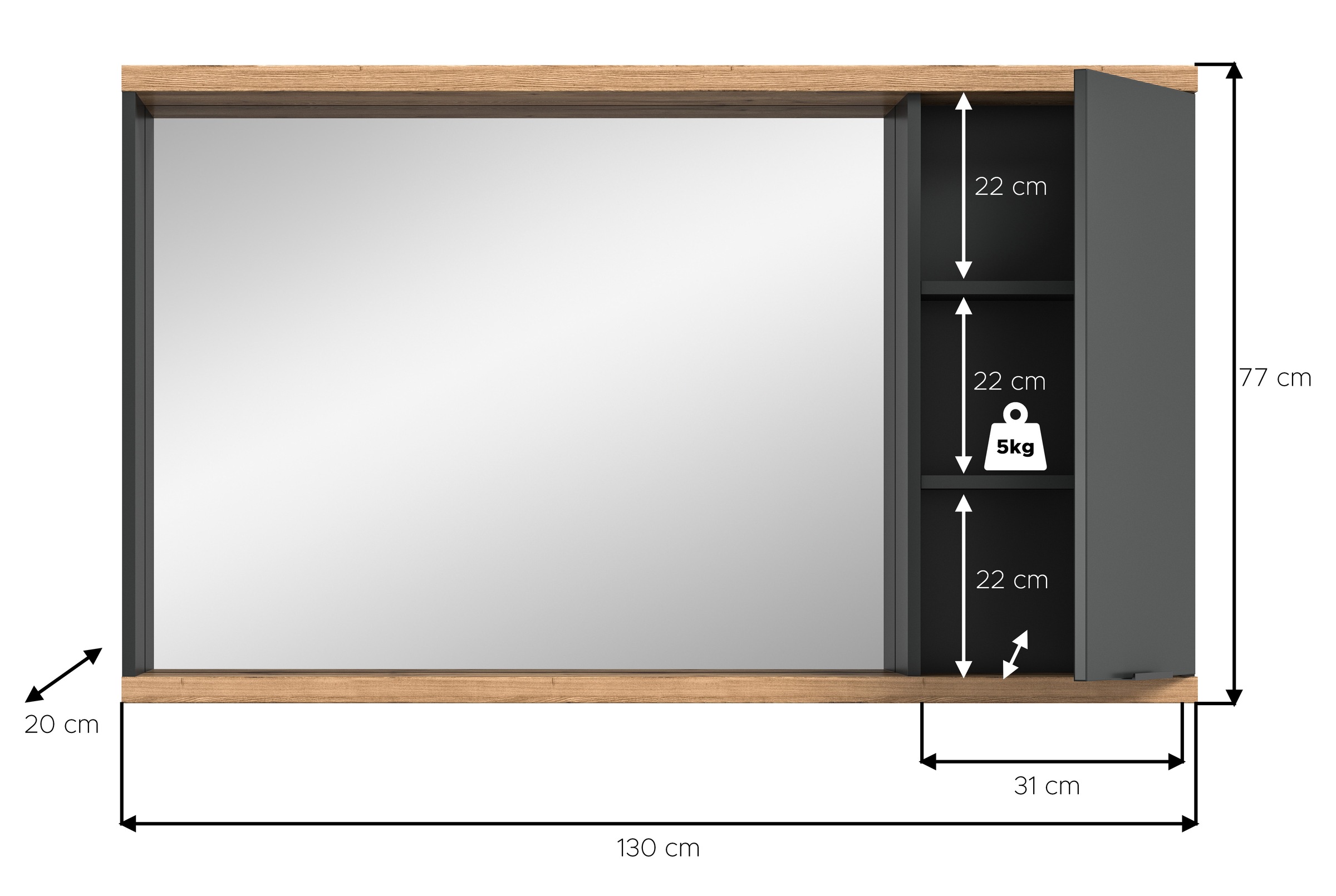 welltime Spiegelschrank »Sencillo, Spiegelschrank 130 cm«, (2 St.), Sencillo, Spiegelschrank, 1 Tür, 3 Fächer