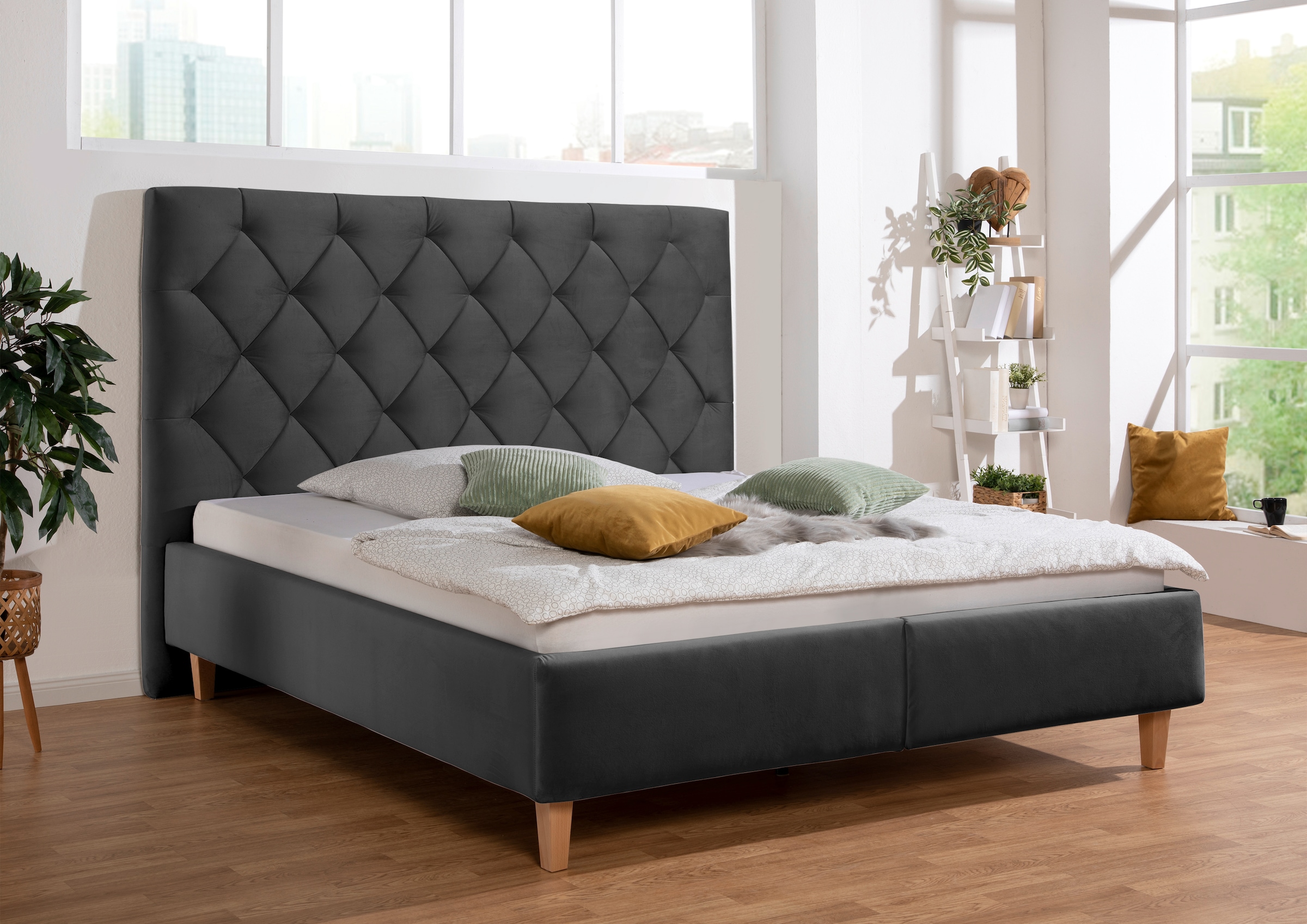 Polsterbett HOME AFFAIRE "Sunley 140", grau (schiefer), B:183cm L:210cm, Struktur (100% Polyester);Samtstoff (100% Polyester), Betten, Polsterbett, Kreuzsteppung, Kopfteilhöhe 142 cm, ohne oder mit Matratze/Lattenrost 6