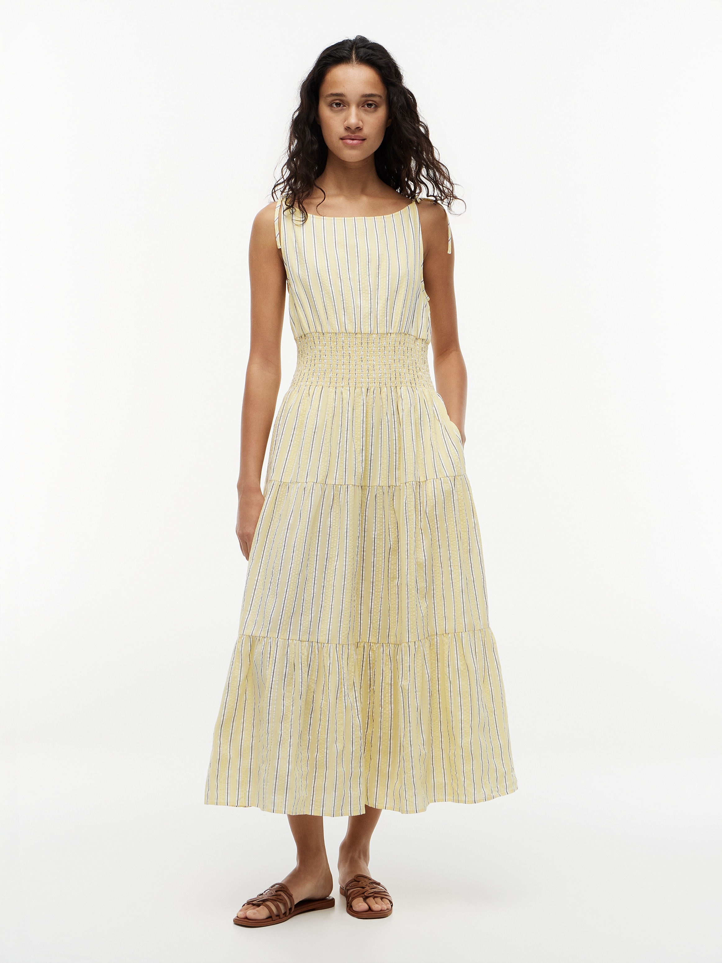 Tommy Hilfiger Trägerkleid "SMOCK TIE NS MIDI DRESS" Ohne Tasche Baumwollmischung, Smok-Einsatz