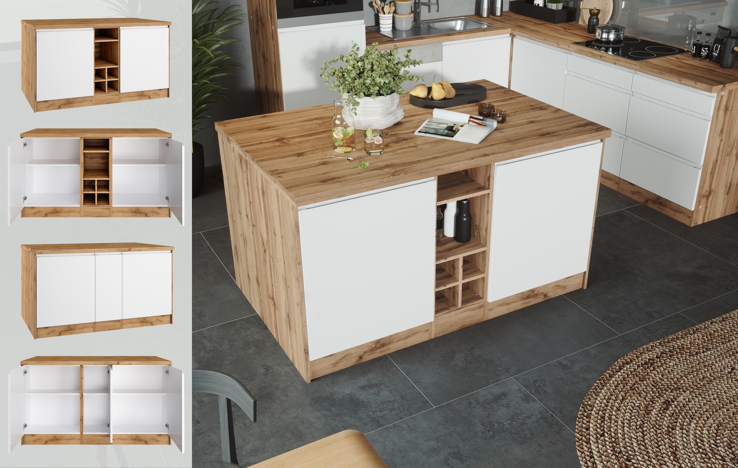 KOCHSTATION Kücheninsel »KS-Bruneck, Breite 153 cm«, MDF-Fronten, Arbeitsplatte 38mm stark