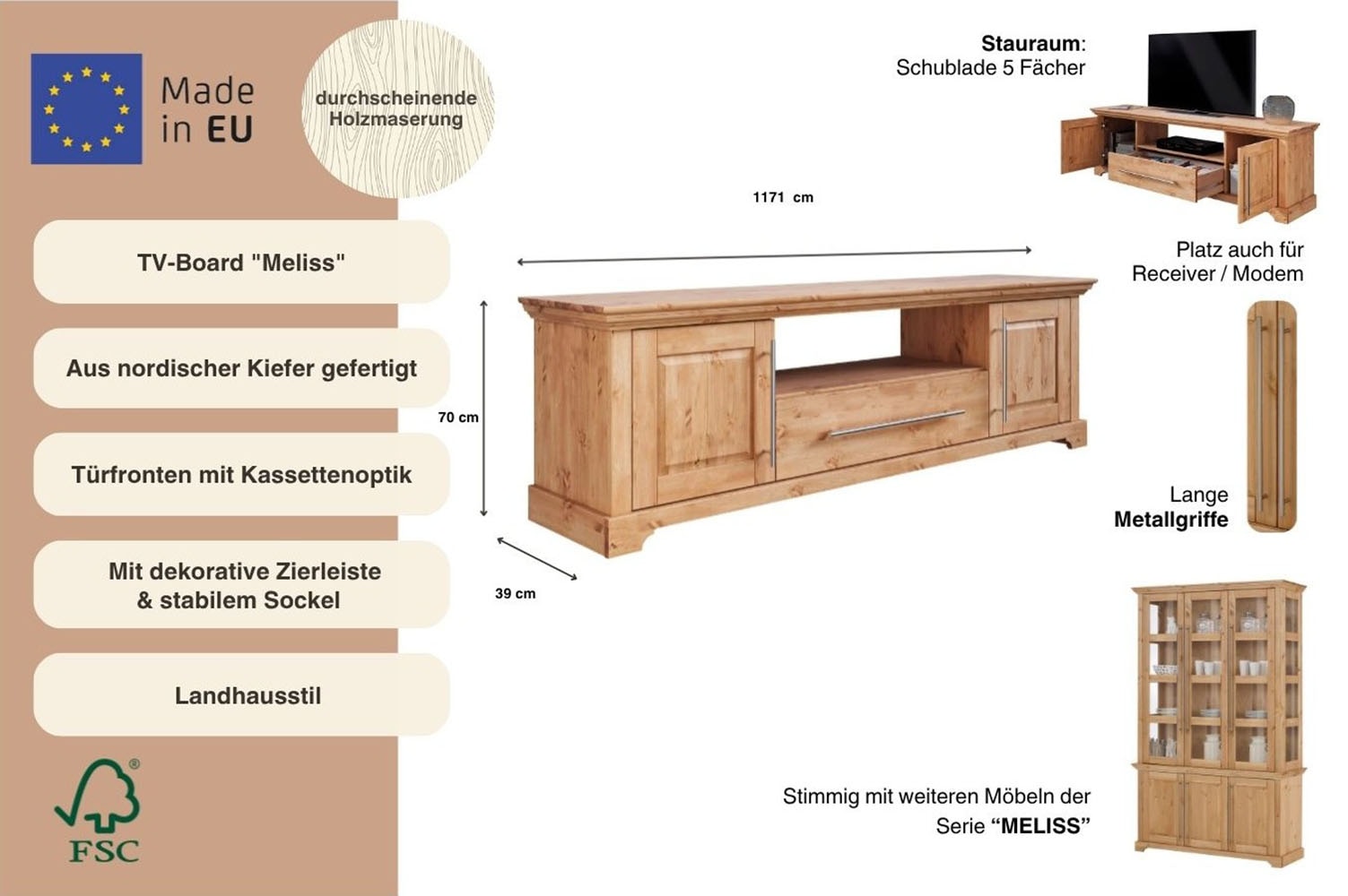 Home affaire TV-Board »Meliss« Lowboard, 2-türig, Breite 171 cm, Kiefer massiv, FSC®