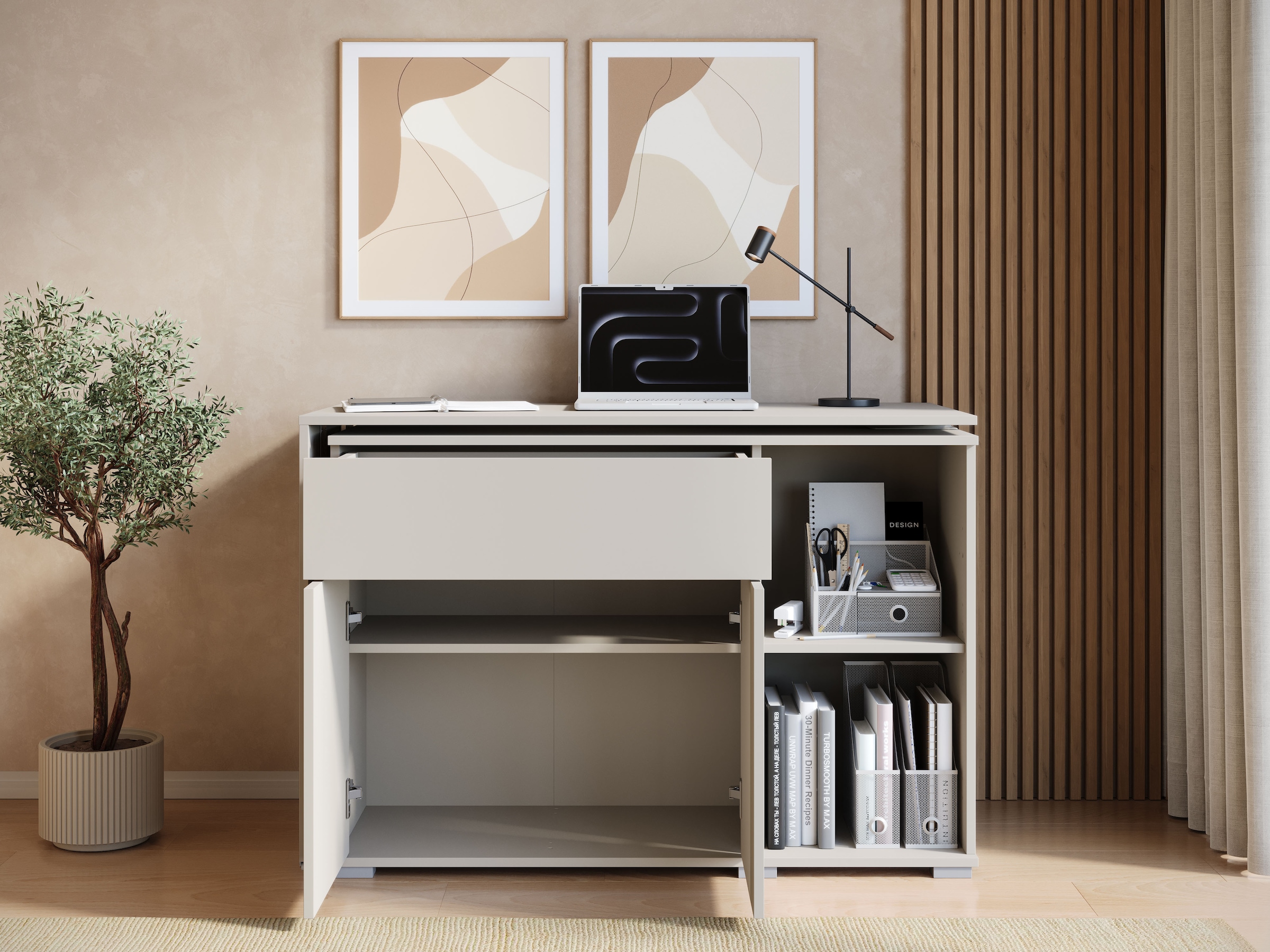 OTTO home Schreibtisch »Kenia mit drehbarer Tischplatte 90°/180°, B/H/T: 109,5/75/50 cm« 1 Stk. tlg. Schublade & Türen mit Push-to-open, 2 höhenverstellbare Böden