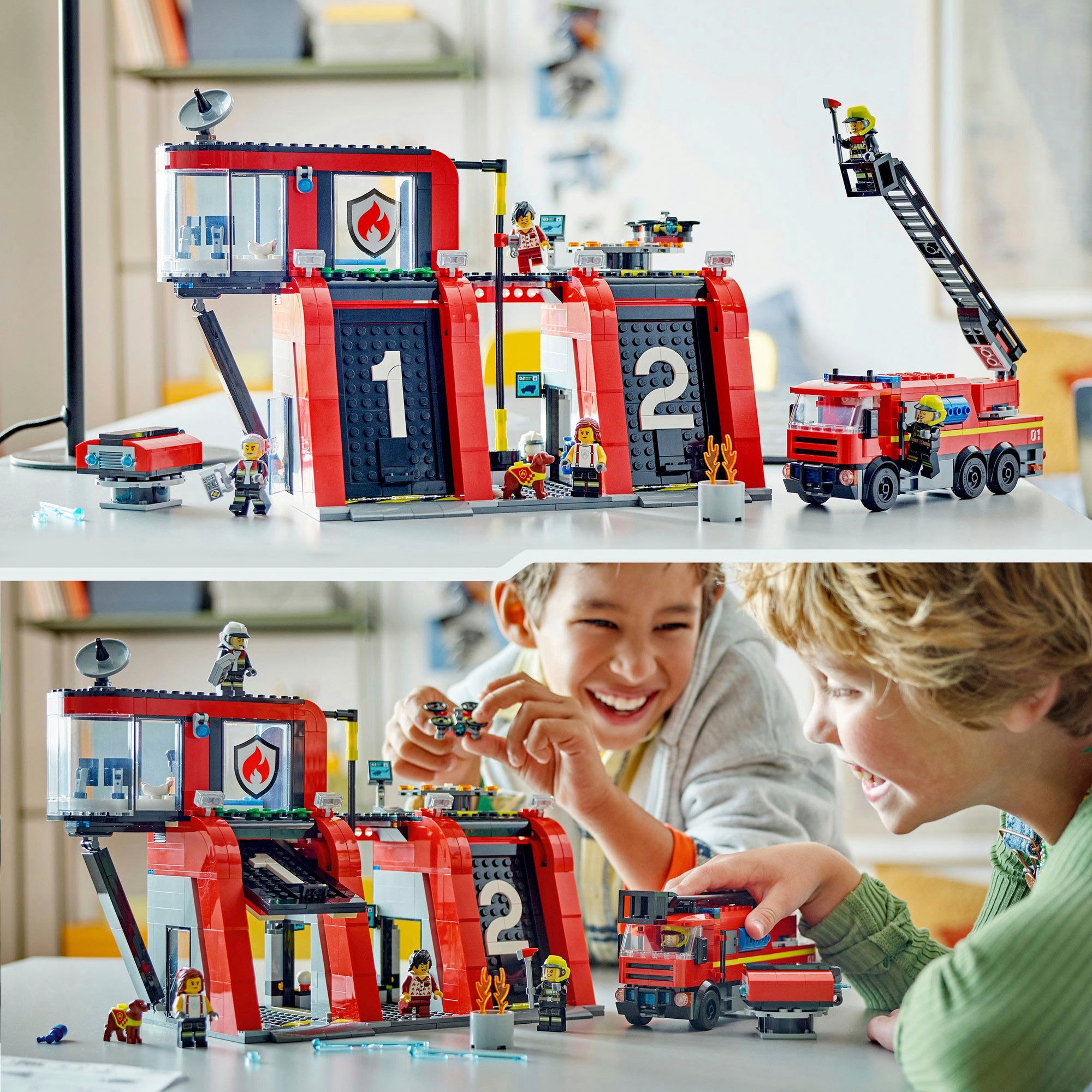 LEGO® Konstruktionsspielsteine »Feuerwehrstation mit Drehleiterfahrzeug (60414), LEGO City«, (843 St.), Made in Europe