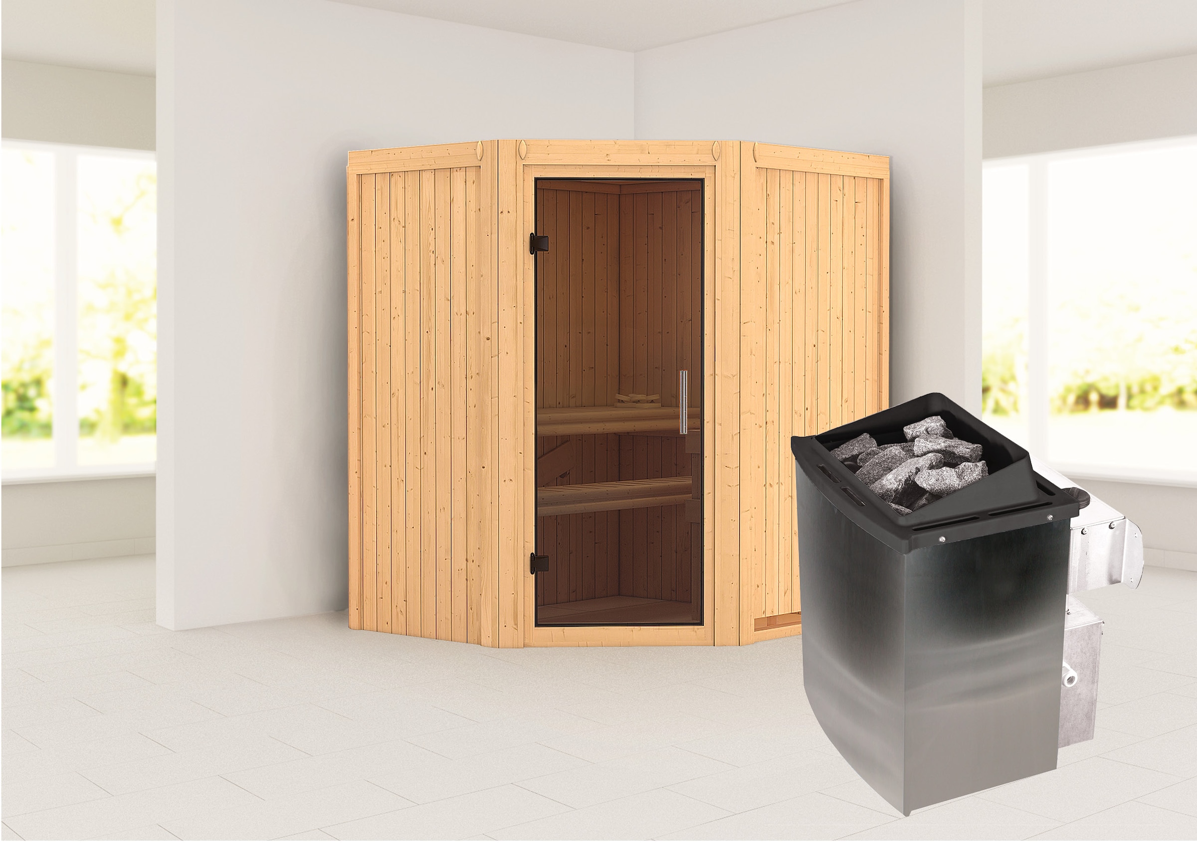 Karibu Sauna ""Liyah" naturbelassen, mit graphitfarbener Tür" Set, in verschiedenen Ausführungen erhältlich, 9 KW Ofen mit externe Strg