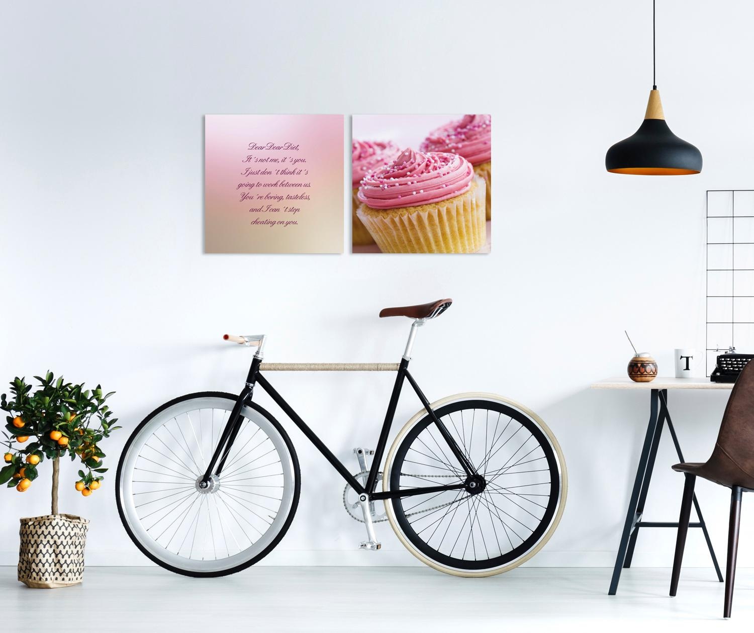 queence Leinwandbild »Cupcakes«, Foto-Essen-Kunst-Modern-Sprüche-Sprüche & Texte-Schriftzug-Schriftzüge-Bar & Lounges, (Set), Premium-Leinwandstoff, Handarbeit aus Deutschland, Spruch, 2er Set