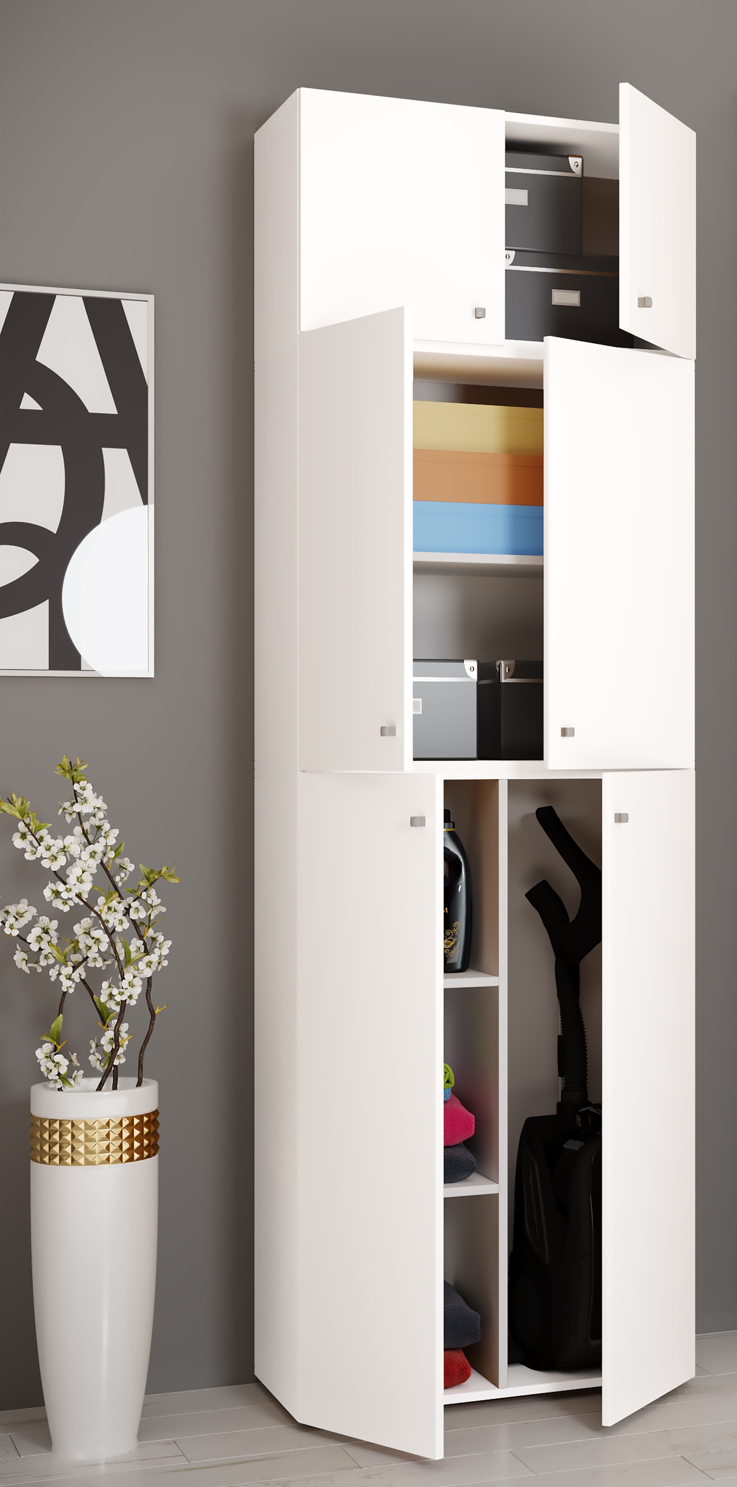 VCM Mehrzweckschrank »VCM Holz Besenschrank | 6 Fächer | Maße: H. 223 x B. 70 x T. 39 cm | Haushaltsschrank | Mehrzweckschrank | Aufsatz mit zwei Türen - Lona«, (1 St.)