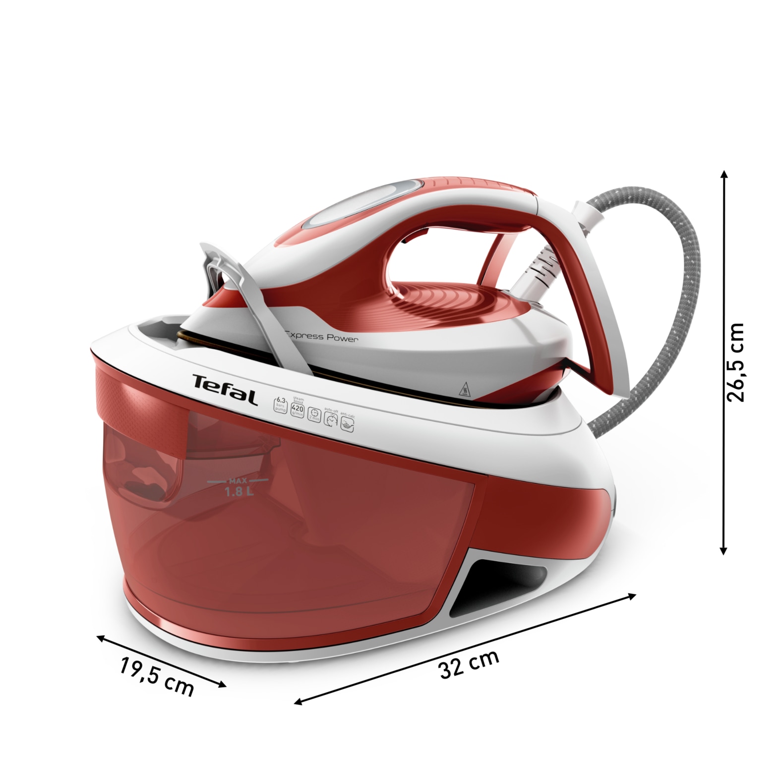 Tefal Dampfbügelstation »Express Power, 6,3 Bar Druck, 1,8 L Wassertank, Kalk-Kollektor,« 1.800 ml Wassertank 420 g/Min. extra Dampfstoß, ideal für alle Textilien, SV8110