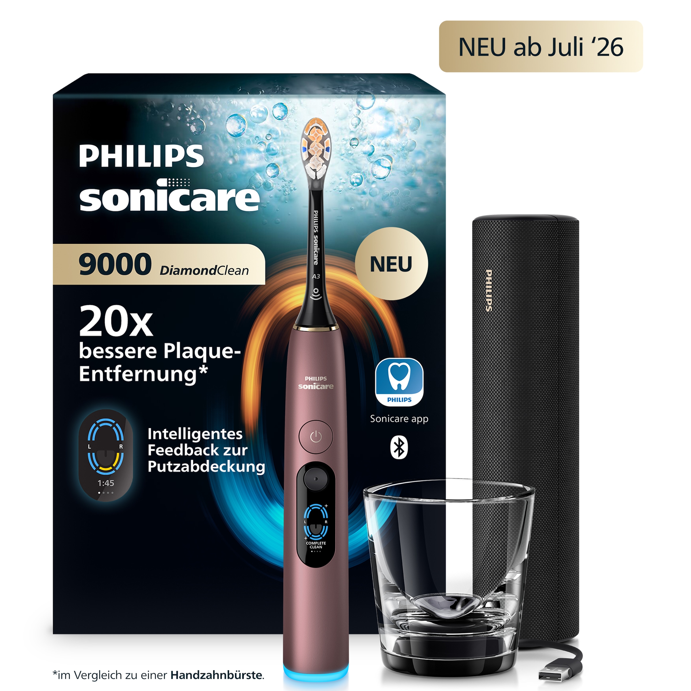 Philips Sonicare Elektrische Zahnbürste "DiamondClean 9000 HX9213" 1 Stk. Aufsteckbürsten mit Smart-Sensoren und 7 Putzprogrammen, inkl. Reiseladeetui