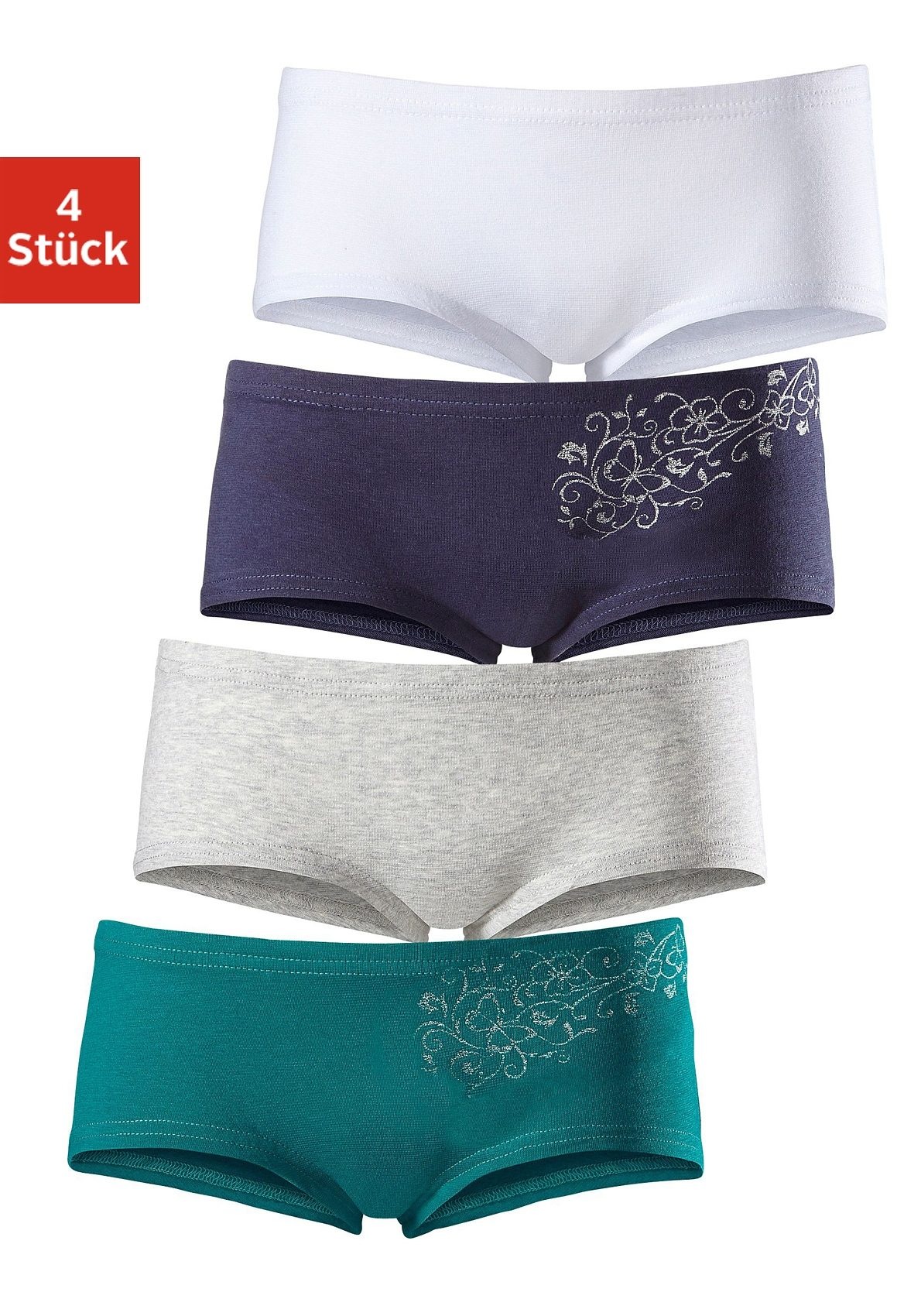 petite fleur by Lascana Panty Packung, 4 Stk. unifarben und mit floralem Glitzerdruck, Baumwollmischung