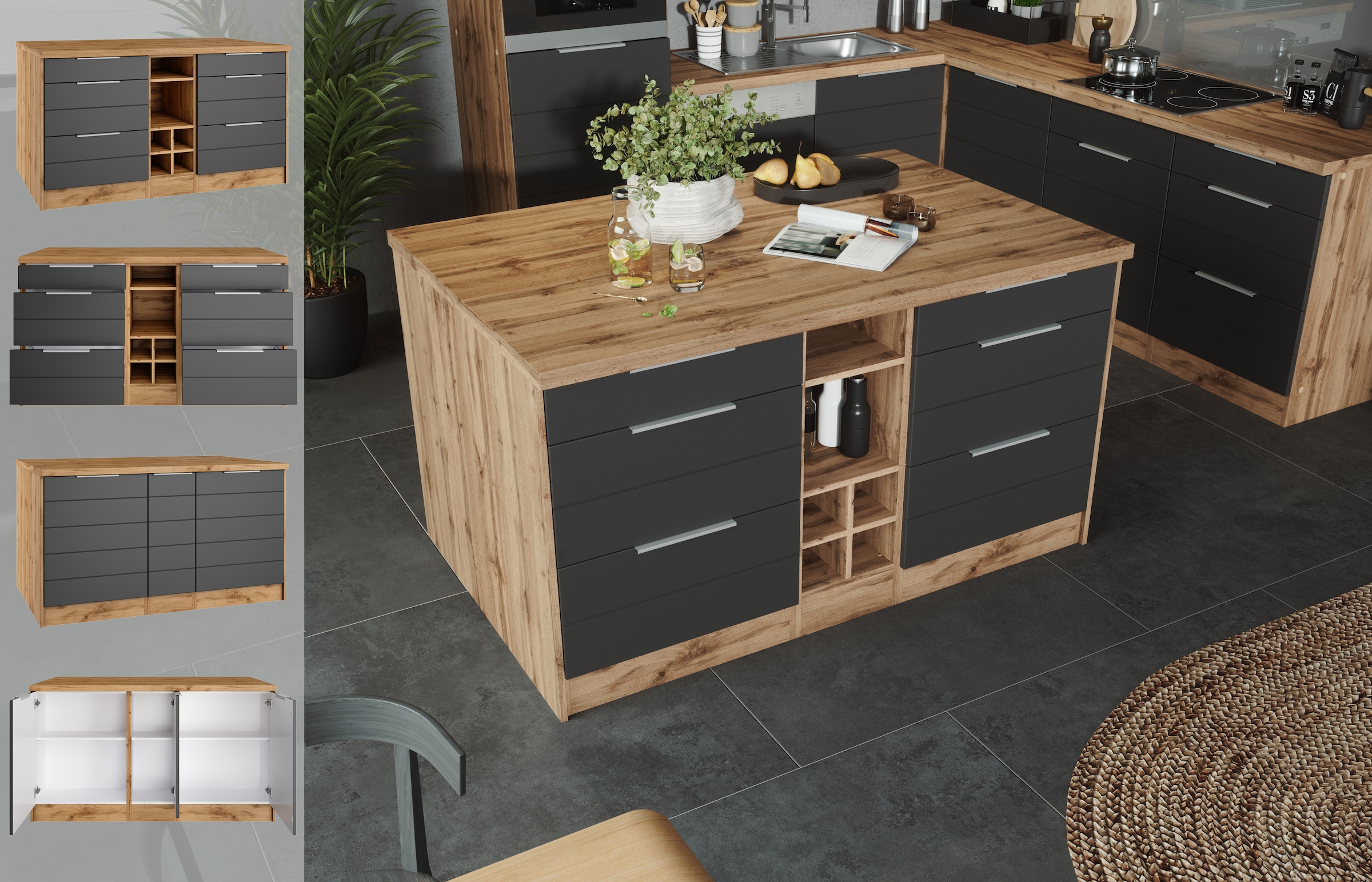 KOCHSTATION Kücheninsel »KS-Luhe, Breite 153 cm, mit Flaschenregal«, MDF-Fronten, Arbeitsplatte 38mm stark