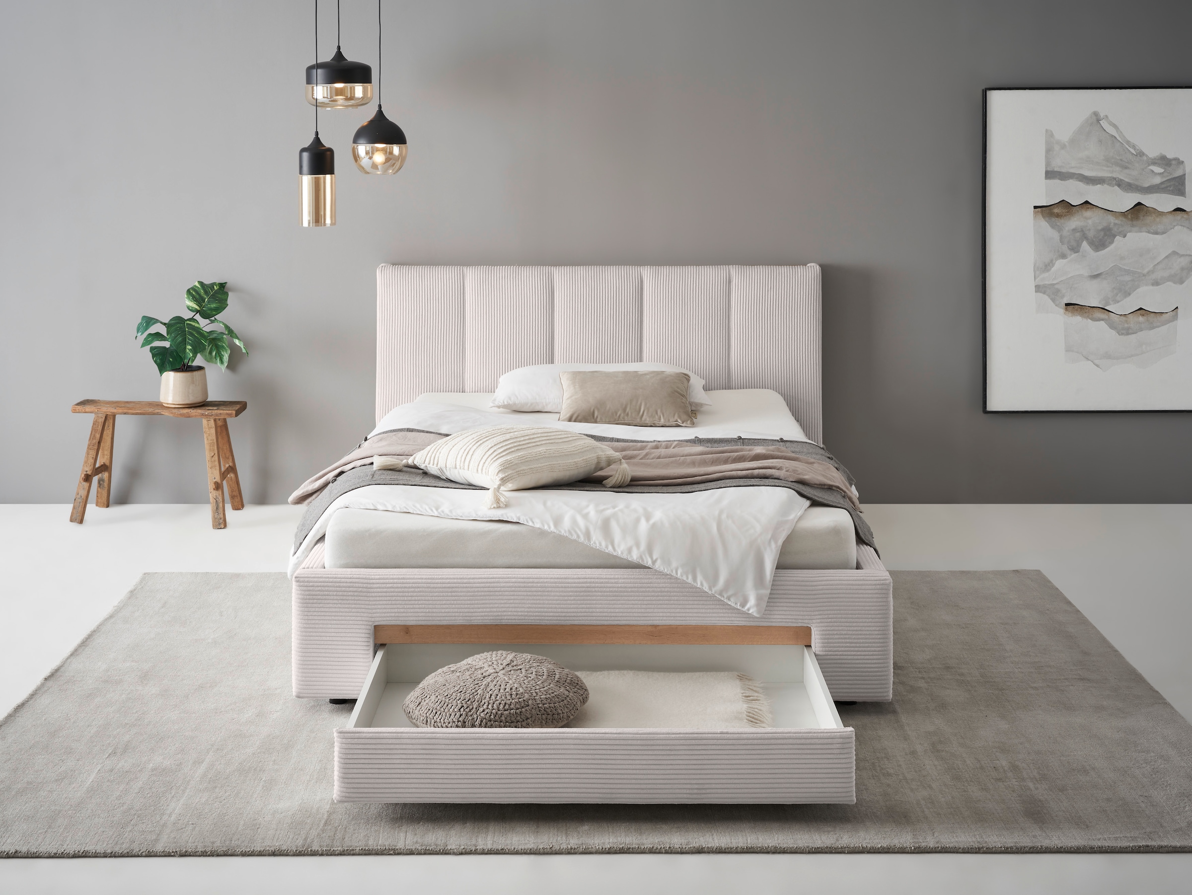 INOSIGN Polsterbett »CiTY/GiRON, Bettgestell mit Bettkasten, gepolstertes Stauraumbett«, mit Hundebett oder Stauraumschublade, Bezug Cord-oder Leinenoptik