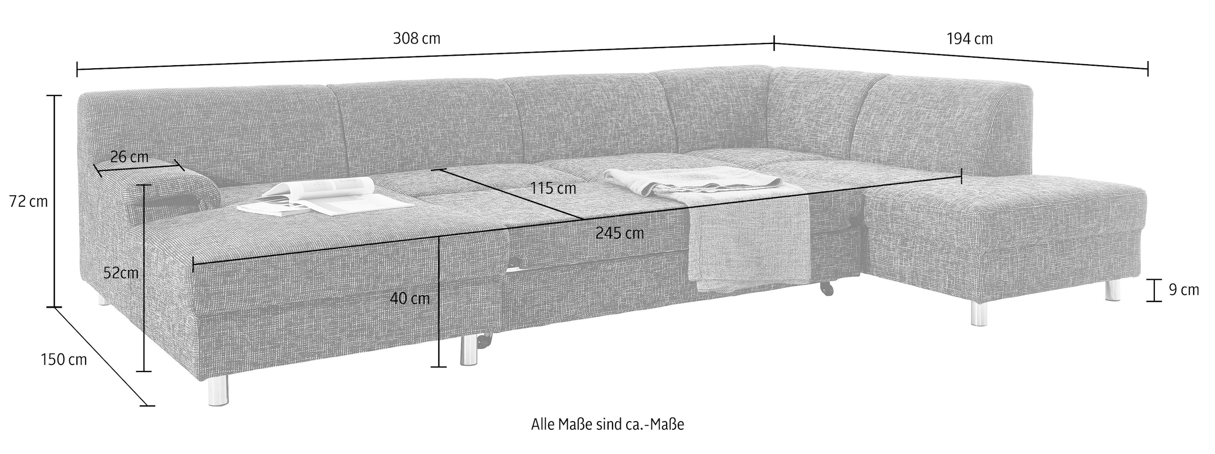 INOSIGN Wohnlandschaft »Jamie, U-Form,«, wahlweise mit Bettfunktion