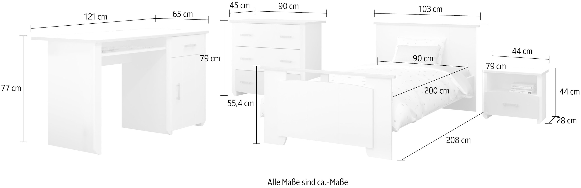 Parisot Jugendzimmer-Set »Biotiful«, (4 St., Bett, Nachttisch, Schubkastenkommode, Schreibtisch)