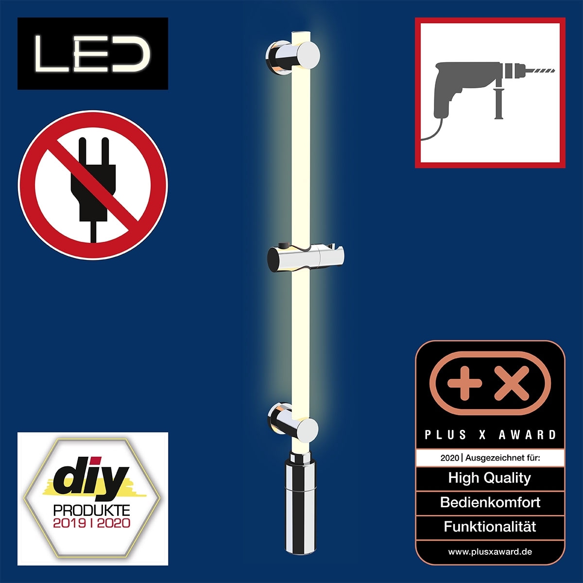 WENKO Duschstange »Brausestange mit LED Beleuchtung«, Länge: 74 cm, Warmweiß, inkl. wiederaufladbarer Einheit